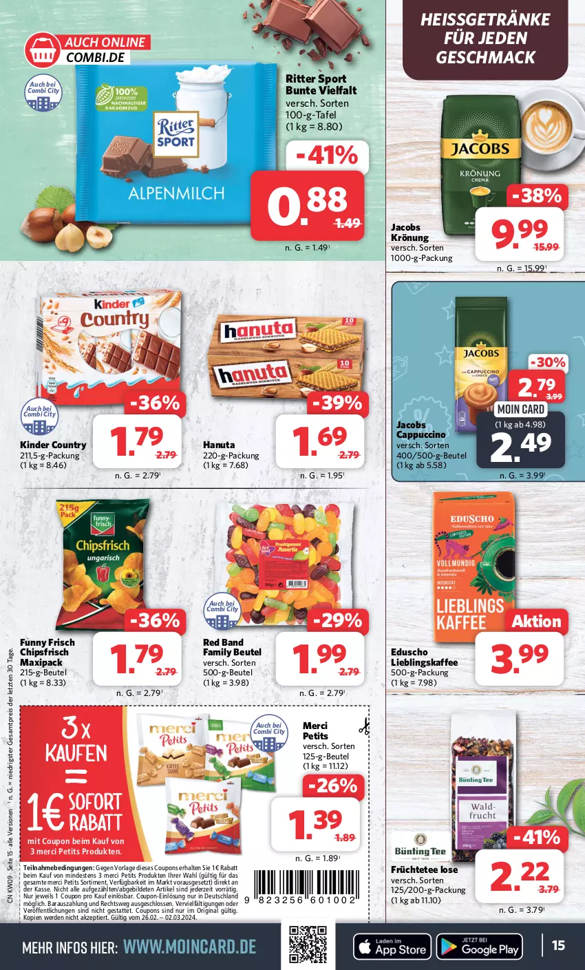 Aktueller Prospekt Combi - Prospekte - von 26.02 bis 02.03.2024 - strona 15 - produkty: beutel, Cap, cappuccino, chips, chipsfrisch, cin, coupon, coupons, eduscho, eis, erde, früchte, Früchtetee, Funny Frisch, getränk, getränke, gin, hanuta, jacobs, jacobs krönung, kaffee, Kinder, kinder country, mac, merci, reis, ritter, ritter sport, Sport, tee, Ti, ZTE