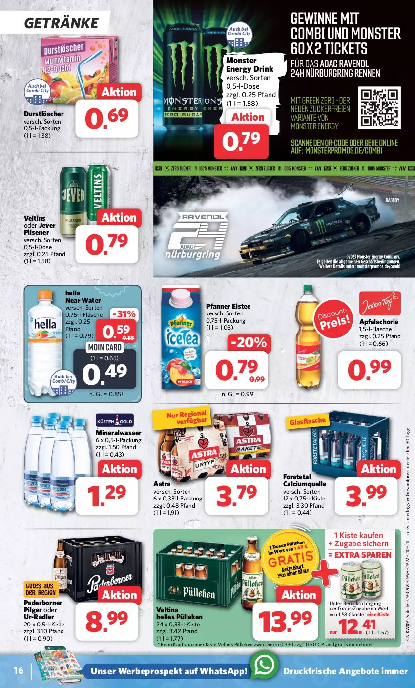 Aktueller Prospekt Combi - Prospekte - von 26.02 bis 02.03.2024 - strona 16 - produkty: Alwa, angebot, angebote, apfel, Apfelschorle, Astra, Calcium, drink, durstlöscher, eis, eistee, elle, energy drink, flasche, Forstetal, getränk, getränke, glasflasche, hella, jever, jever pilsener, LG, mineralwasser, monster, Monster Energy, pfanne, Pfanner, pils, pilsener, radler, reis, schorle, tee, Ti, veltins, wasser, ZTE