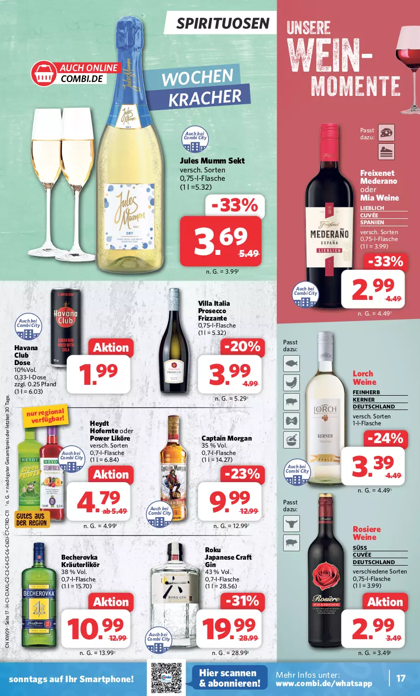 Aktueller Prospekt Combi - Prospekte - von 26.02 bis 02.03.2024 - strona 17 - produkty: Becher, Becherovka, Cap, captain morgan, cuvée, ecco, eis, ente, flasche, freixenet, frizzante, gin, Havana Club, hero, jules mumm, kracher, kräuter, kräuterlikör, likör, mumm, prosecco, reis, sekt, smartphone, spirituosen, Ti, wein, weine, ZTE