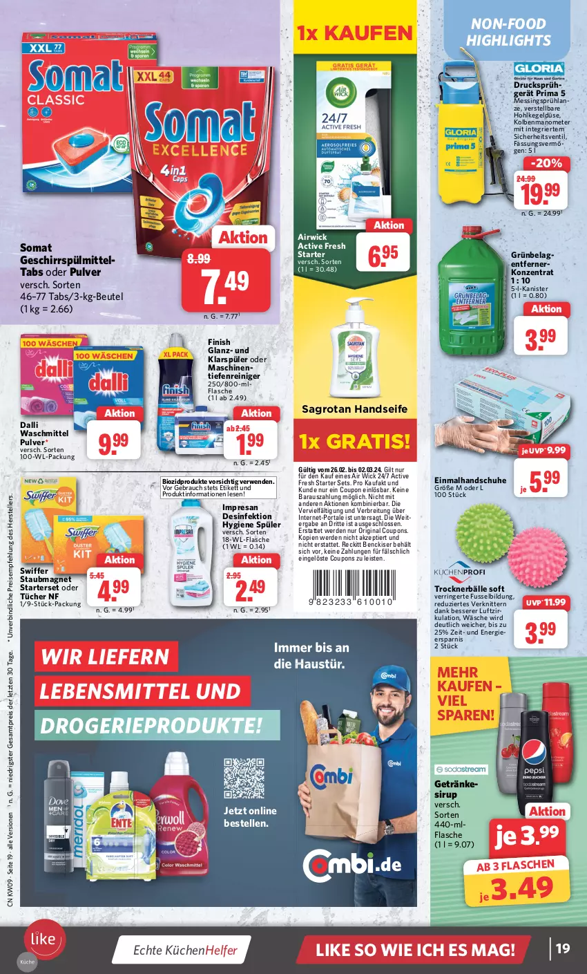 Aktueller Prospekt Combi - Prospekte - von 26.02 bis 02.03.2024 - strona 19 - produkty: Air Wick, airwick, aust, beutel, bio, biozidprodukte, Brei, coupon, coupons, dalli, Desinfektion, eis, elle, erde, Finish, flasche, geschirr, geschirrspülmittel, getränk, getränke, getränkesirup, gin, handschuhe, Handseife, klarspüler, küche, Küchen, Küchenhelfer, lebensmittel, Rauch, reiniger, reis, resa, ring, rwe, sagrotan, schuhe, Seife, sirup, somat, spülmittel, staubmagnet, swiffer, teller, Ti, Trockner, tücher, waschmittel, WICK, ZTE