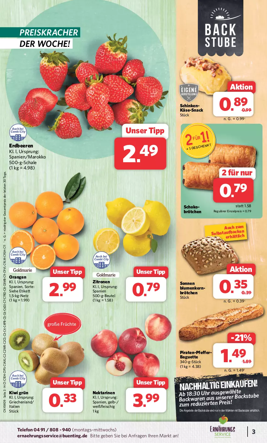 Aktueller Prospekt Combi - Prospekte - von 26.02 bis 02.03.2024 - strona 3 - produkty: angebot, angebote, baguette, beere, beeren, beutel, blume, blumen, brötchen, eis, erdbeere, erdbeeren, fleisch, früchte, Käse, kiwi, kracher, Nektar, nektarinen, orange, orangen, pfeffer, reis, Schal, Schale, schinken, schoko, snack, stube, telefon, Ti, uhr, zitrone, zitronen, ZTE