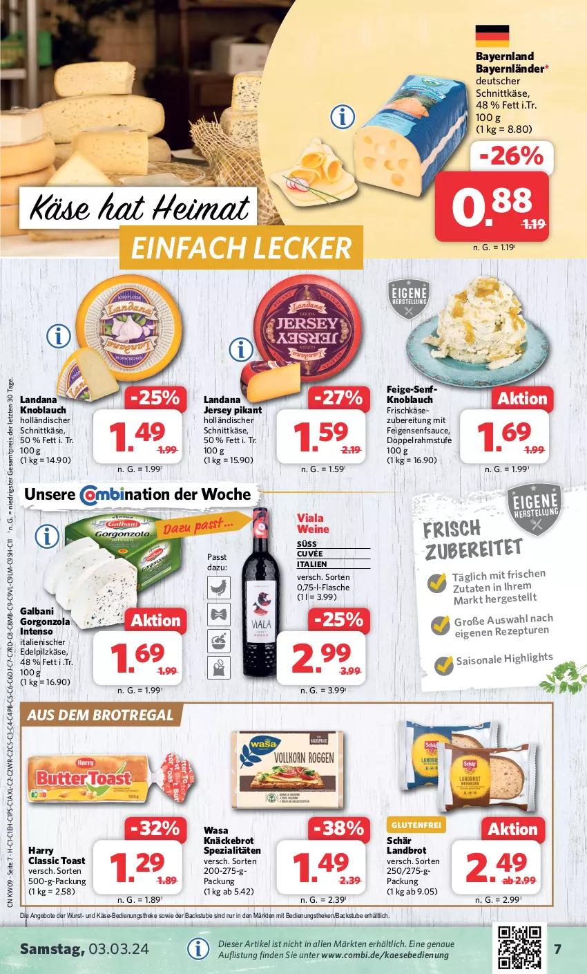 Aktueller Prospekt Combi - Prospekte - von 26.02 bis 02.03.2024 - strona 7 - produkty: angebot, angebote, brot, cuvée, deutscher schnittkäse, doppelrahmstufe, eis, Feigen, flasche, frischkäse, galbani, gorgonzola, holländischer schnittkäse, intenso, kaes, Käse, knäckebrot, knoblauch, regal, reis, rezept, sauce, schnittkäse, senf, Spezi, stube, Ti, toast, wasa, wein, weine, wurst, ZTE