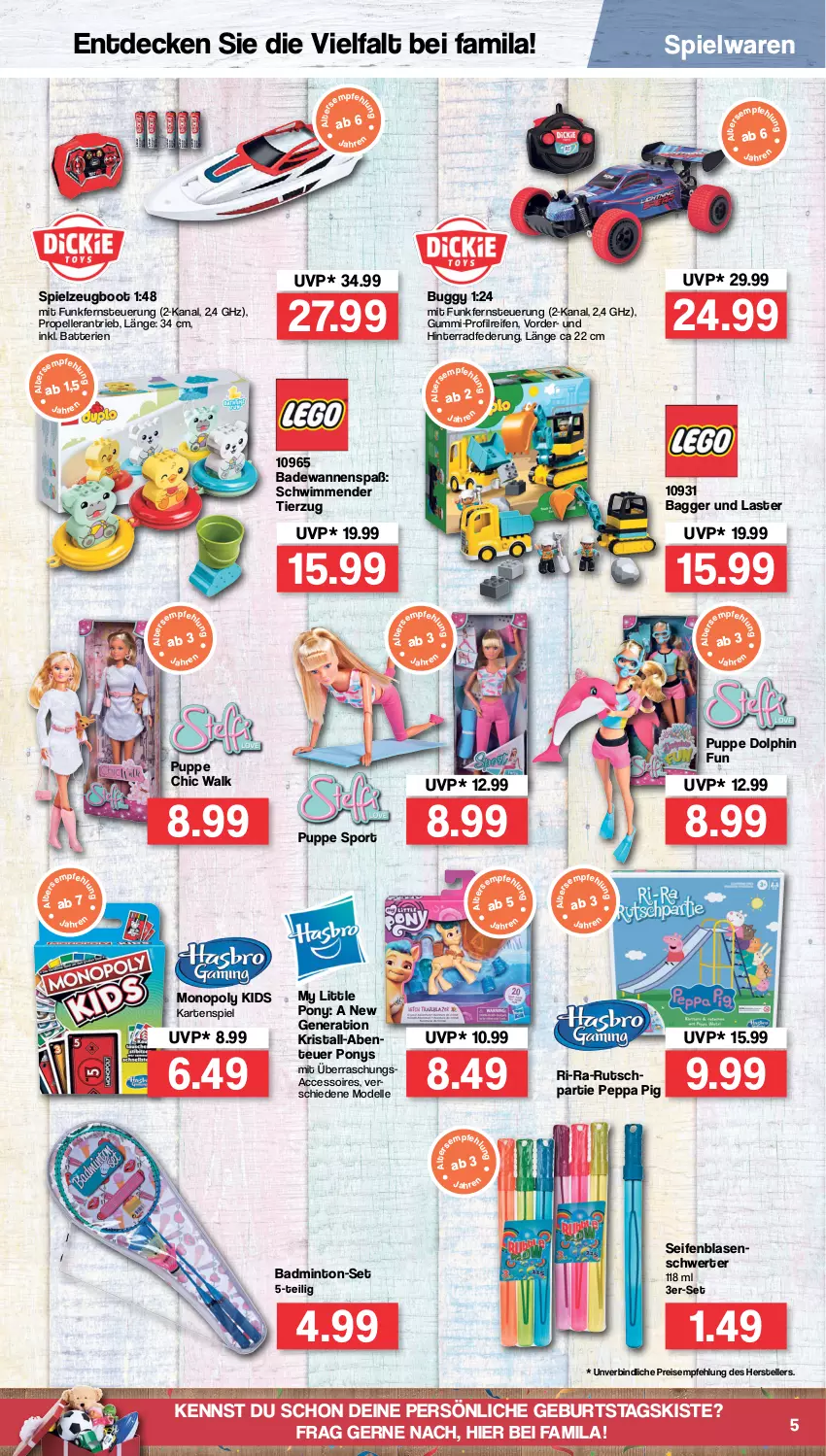 Aktueller Prospekt Famila - Prospekte - von 27.06 bis 02.07.2022 - strona 5 - produkty: ACC, accessoires, Bad, Badewanne, batterie, batterien, Buggy, decke, dell, eis, elle, ente, Kartenspiel, mint, Mode, Peppa Pig, Puppe, reifen, reis, sac, Seife, spielwaren, spielzeug, Sport, teller, Ti, Wanne