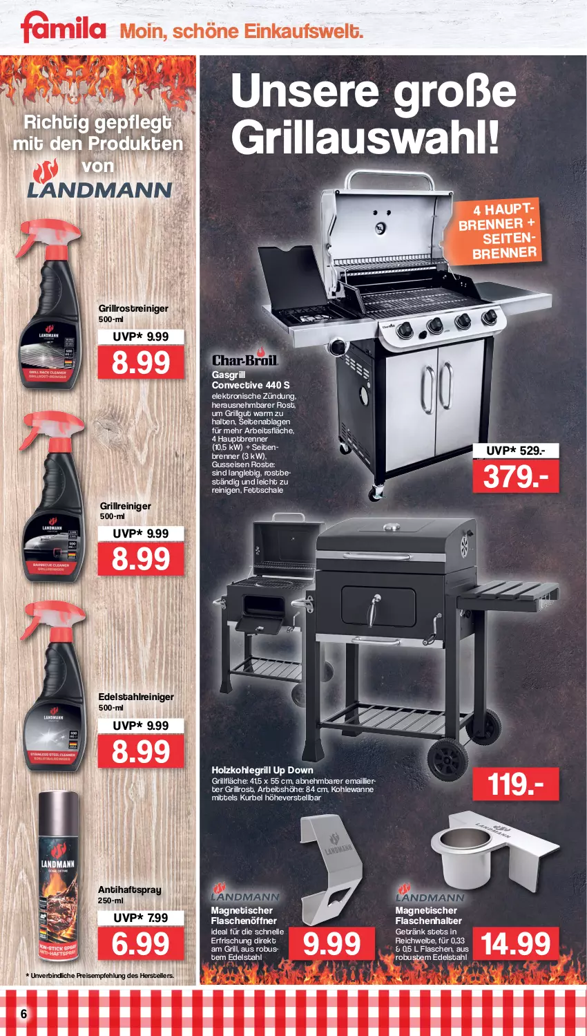 Aktueller Prospekt Famila - Prospekte - von 27.06 bis 02.07.2022 - strona 6 - produkty: edelstahl, eis, Elektro, elle, flasche, flaschenöffner, gasgrill, getränk, grill, grillfläche, Grillreiniger, grillrost, Holz, holzkohle, holzkohlegrill, Kohlegrill, LG, reiniger, reis, Schal, Schale, teller, Ti, tisch, Wanne