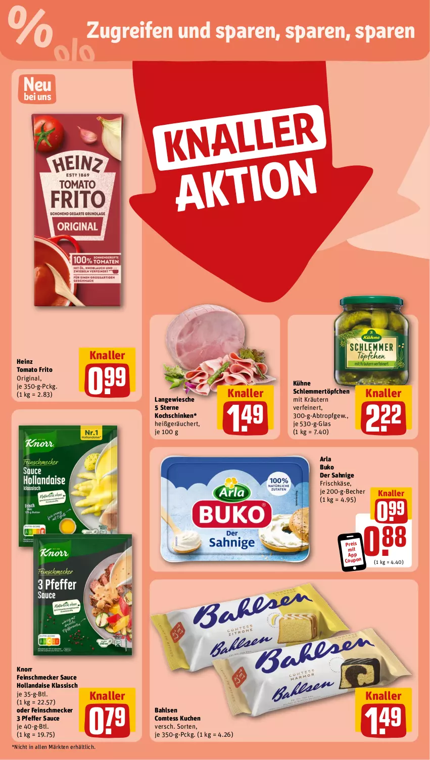 Aktueller Prospekt Rewe - Prospekte - von 29.04 bis 04.05.2024 - strona 4 - produkty: arla, arla buko, bahlsen, Becher, Buko, comtess, comtess kuchen, coupon, eis, feinschmecker, frischkäse, gin, heinz, hollandaise, Käse, knorr, kochschinken, kräuter, kräutern, kuchen, Kühne, pfeffer, reifen, reis, sauce, sauce hollandaise, schinken, schlemmertöpfchen, Töpfchen