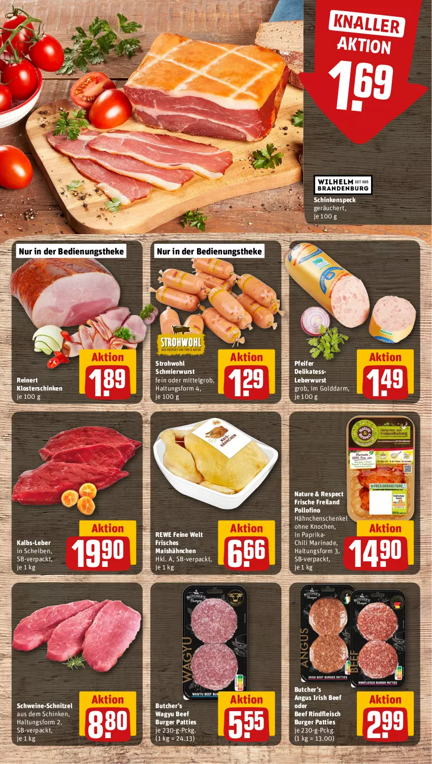 Aktueller Prospekt Rewe - Prospekte - von 29.04 bis 04.05.2024 - strona 8 - produkty: beef, burger, chili, eis, fleisch, hähnchenschenkel, henkel, leberwurst, LG, mais, marinade, natur, paprika, reinert, rewe feine welt, rind, rindfleisch, schenkel, schinken, schinkenspeck, schnitzel, schwein, schweine, schweine-schnitzel, Speck, Ti, wein, weine, wurst