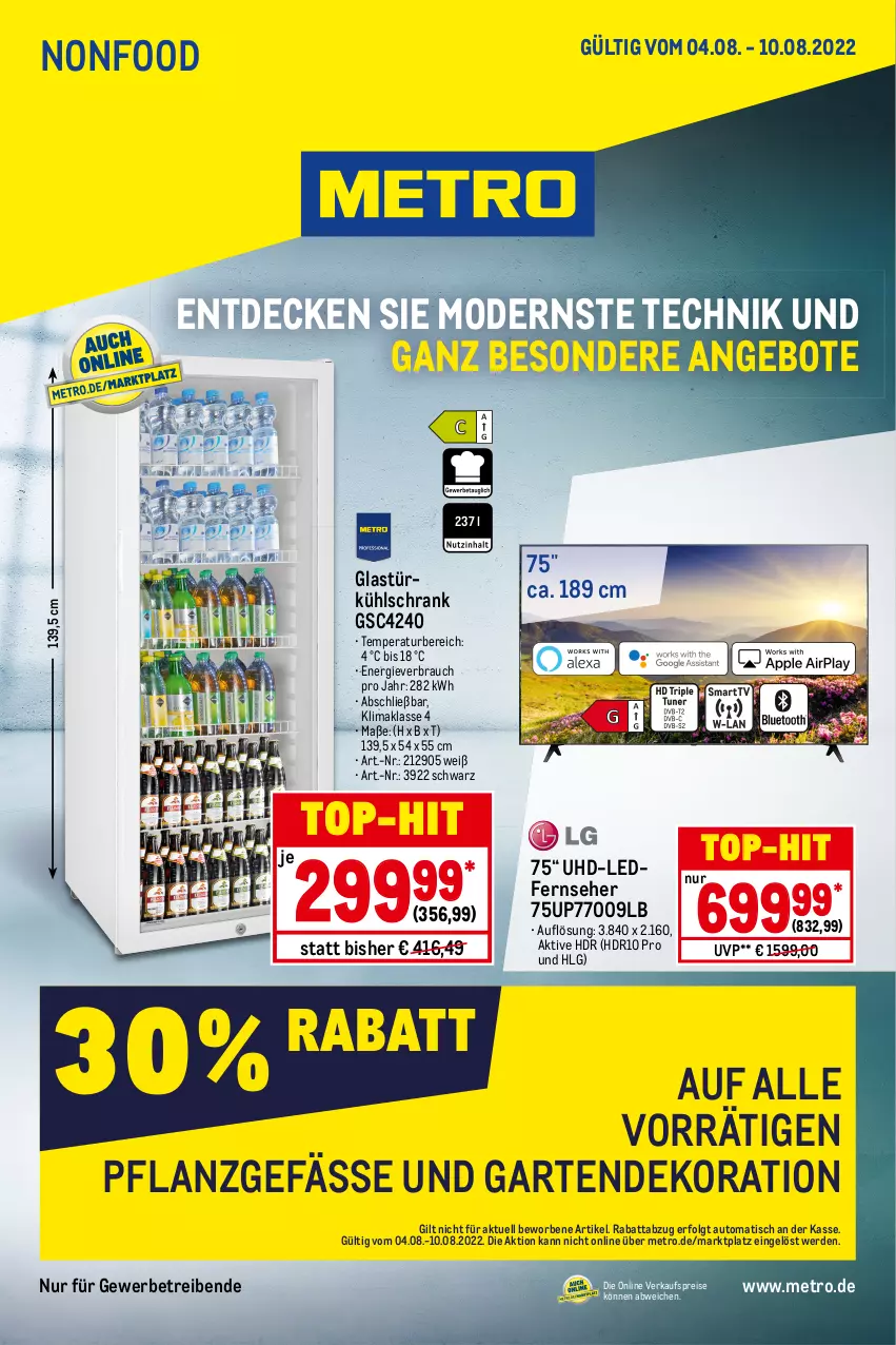 Aktueller Prospekt Metro - NonFood - von 04.08 bis 10.08.2022 - strona 1 - produkty: angebot, angebote, auto, decke, dekoration, eis, erde, fernseher, Garten, Gartendekoration, Glastür, kühlschrank, LG, Metro, Mode, Rauch, reis, Schrank, Ti, tisch, top-hit, uhd