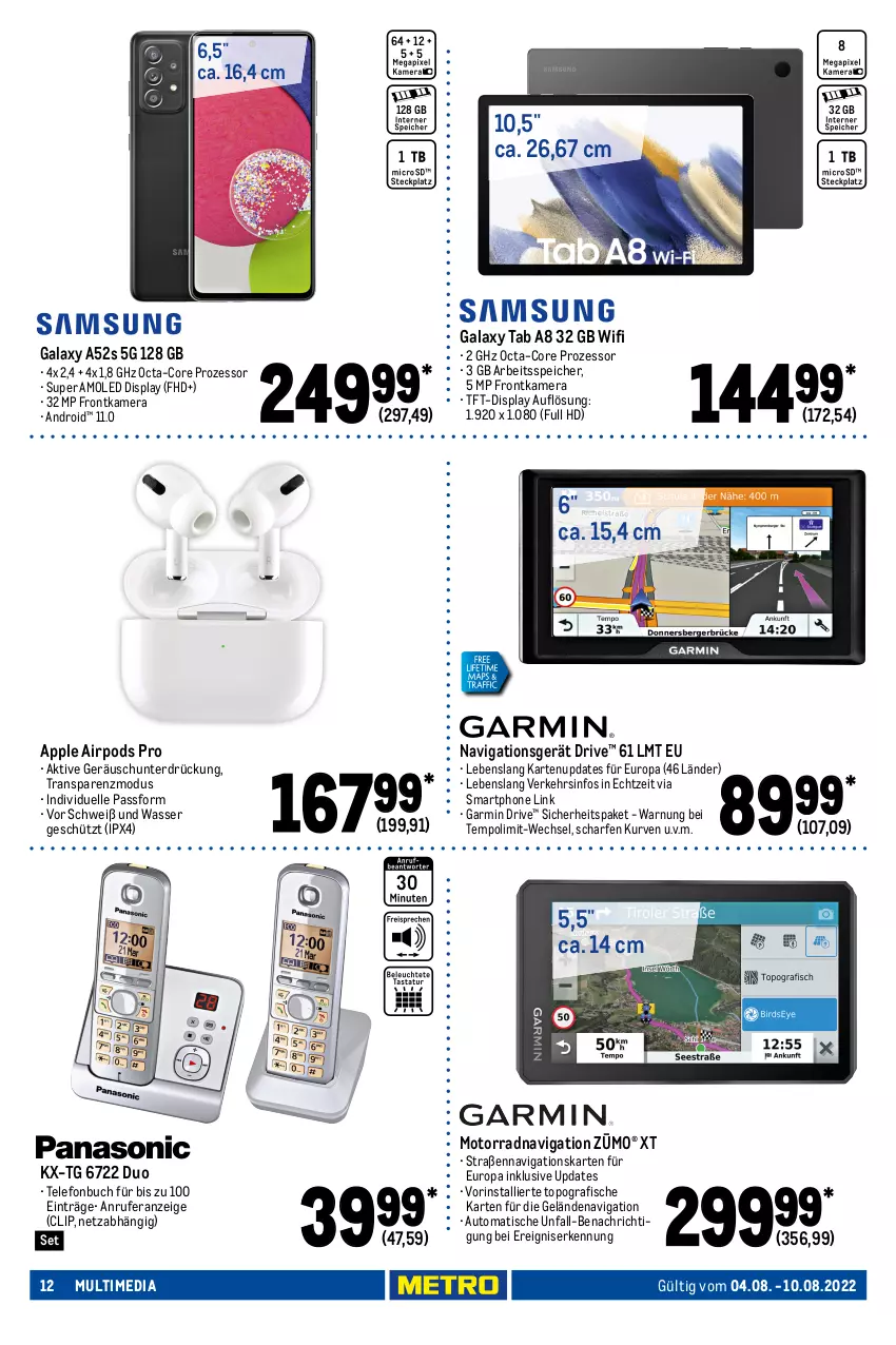 Aktueller Prospekt Metro - NonFood - von 04.08 bis 10.08.2022 - strona 12 - produkty: Apple, Apple AirPods, Apple AirPods Pro, auto, buch, celeron, elle, festplatte, fisch, fische, frontkamera, garmin, gin, Intel, kamera, latte, mac, macbook, macbook air, monitor, navigationsgerät, notebook, octa-core prozessor, Pentium, Pods, Ria, smartphone, sonderposten, ssd, telefon, teller, Tempo, Ti, tisch, top-hit, wasser