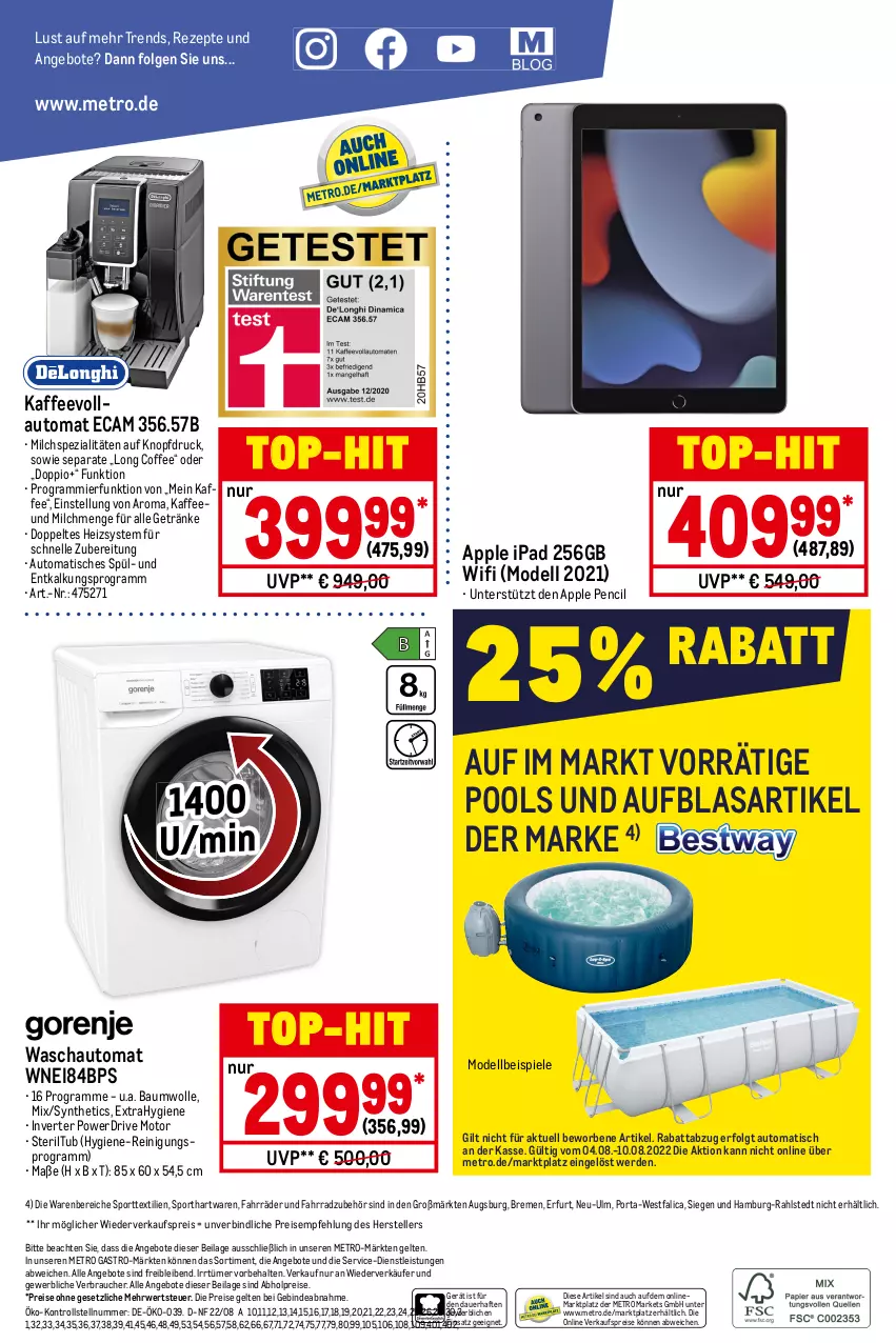 Aktueller Prospekt Metro - NonFood - von 04.08 bis 10.08.2022 - strona 20 - produkty: abholpreise, angebot, angebote, Apple, Apple Pencil, auer, auto, Bau, baumwolle, dell, eis, elle, erde, Fahrrad, getränk, getränke, ilag, ipad, kaffee, kaffeevollautomat, LG, Metro, metro gastro, milch, Mode, pool, Rauch, Reinigung, reis, rezept, rezepte, rwe, Spezi, Spiele, Sport, teller, Ti, tisch, top-hit, wolle