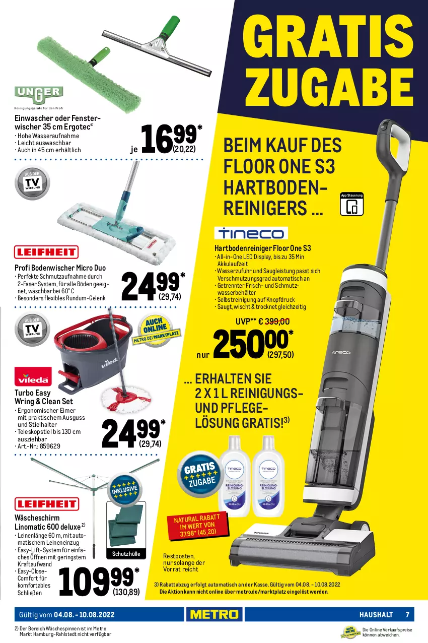 Aktueller Prospekt Metro - NonFood - von 04.08 bis 10.08.2022 - strona 7 - produkty: akku, auer, auto, Behälter, beutel, bodenstaubsauger, bodenwischer, bügel, bürste, Dyson, eimer, eis, Elektro, elektrogeräte, elle, ente, erde, fenster, handstaubsauger, Hartbodenreiniger, kraft, leine, LG, menalux, Metro, möbel, natur, natura, reiniger, Reinigung, reis, ring, Schrank, schutzhülle, sonderposten, staubbeutel, staubsauger, Teleskop, teleskopstiel, teller, Ti, tisch, top-hit, Trockner, uhr, wandhalterung, wäscheschirm, wäschespinne, wasser