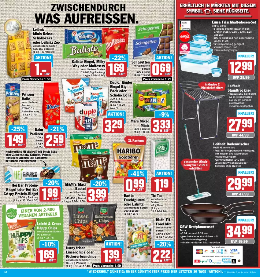 Aktueller Prospekt Hit - Prospekte - von 12.06 bis 17.06.2023 - strona 12 - produkty: asus, Babynahrung, balisto, beutel, bodenwischer, bratpfanne, chips, daim, duplo, eis, elle, emsa, erbsen, frischhaltedosen, frucht, fruchtgummi, Funny Frisch, gsw, haribo, herdarten, keks, kekse, kichererbsen, Kinder, kinder riegel, Kollagen, Lakritz, lebensmittel, leibniz, leifheit, linsen, malteser, mars, mikrowelle, milch, milky way, oder lakritz, pfanne, pfannen, pralinen, prinzen rolle, Reinigung, reis, reiss, riegel, schogetten, schoko, spülmaschinen, Ti, Tiere, Trockner, ZTE, zucker