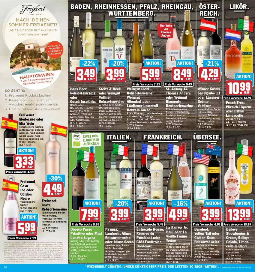 Aktueller Prospekt Hit - Prospekte - von 12.06 bis 17.06.2023 - strona 14 - produkty: Amber, Bad, baileys, Bau, bio, Cap, Cava, cola, cuvée, doppio passo, ecco, eis, ente, finesse, flasche, freixenet, frucht, früchte, früchten, likör, limo, liqueur, merl, passo, pfirsich, primitivo, rebsortenweine, reis, rotwein, rouge, saft, sim, Ti, wein, weine, yellow tail, ZTE