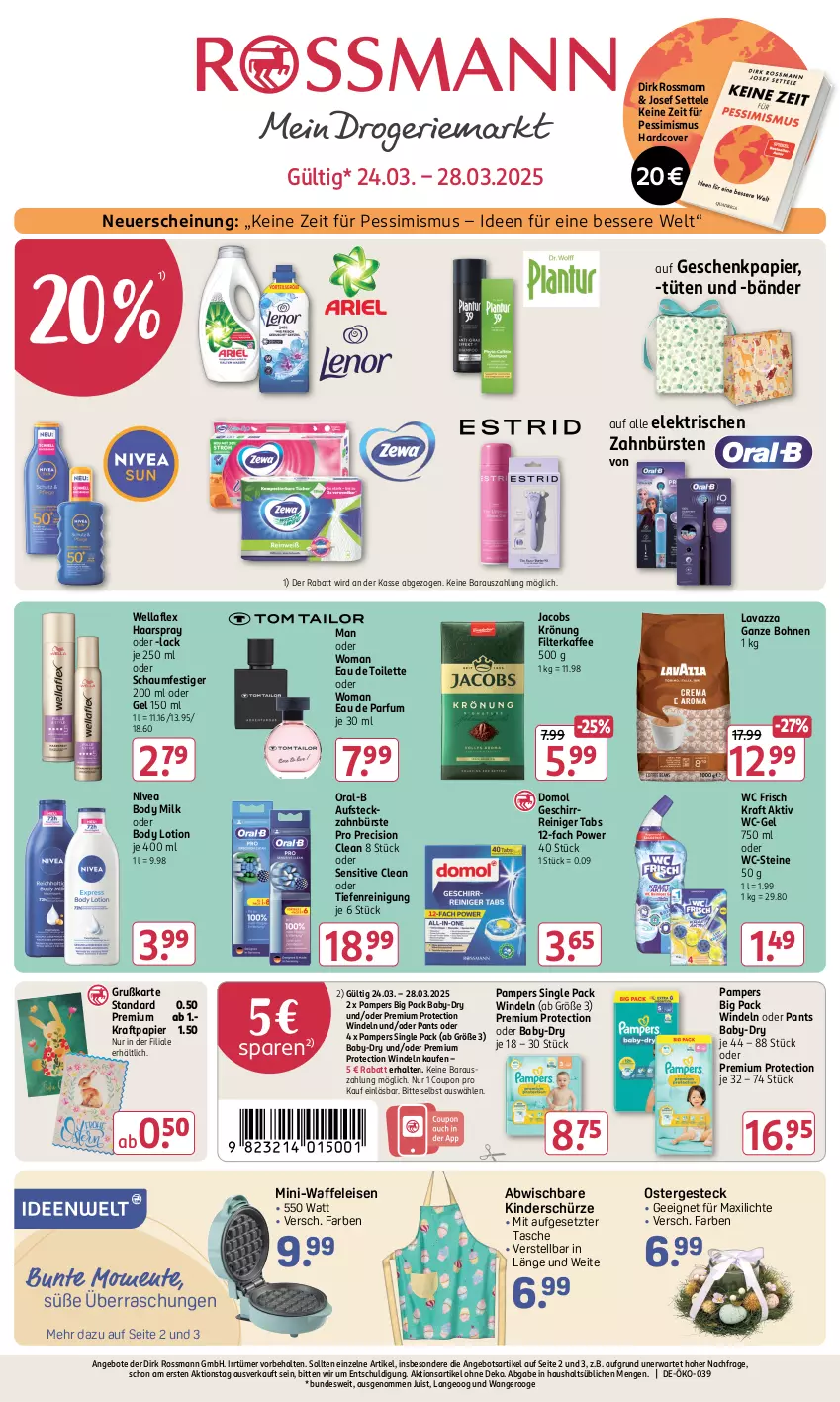 Aktueller Prospekt Rossmann - Prospekte - von 31.01 bis 06.04.2025 - strona 1 - produkty: angebot, angebote, baby-dry, body, body lotion, body milk, bohne, bohnen, bürste, bürsten, coupon, Domol, Eau de parfum, eau de toilette, eis, ente, filterkaffee, Geschenkpapier, geschirr, haarspray, jacobs, jacobs krönung, kaffee, Kinder, kraft, lack, lavazza, lavazza ganze bohne, Lotion, nivea, oder schaumfestiger, oral-b, pampers, Pants, papier, parfum, precision clean, reiniger, Reinigung, schaumfestiger, Schürze, settele, sim, Tasche, Ti, Tüte, Waffeleisen, wc frisch, WC Frisch Kraft Aktiv, wc-gel, WC-Steine, Wella, wellaflex, windeln, windeln oder pants, zahnbürste, zahnbürsten, ZTE