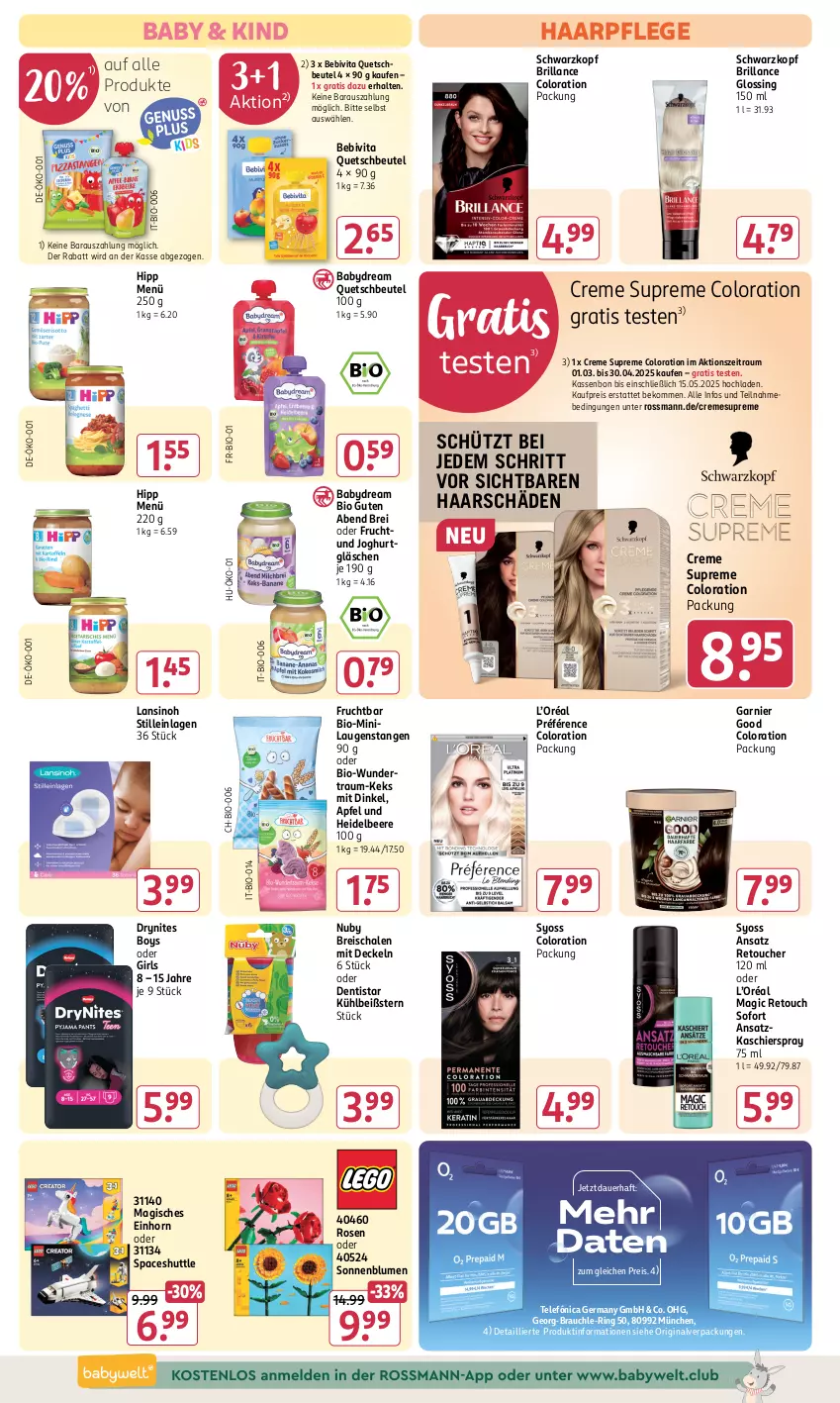 Aktueller Prospekt Rossmann - Prospekte - von 31.01 bis 06.04.2025 - strona 10 - produkty: Ansatz Retoucher, apfel, auer, babydream, bebivita, beere, beko, beutel, bio, blume, blumen, Brei, brillance, creme, decke, Deckel, DryNites, eis, frucht, garnier, Germ, gin, haarpflege, heidelbeere, hipp, joghur, joghurt, keks, Laugenstange, quetschbeutel, Rauch, reis, ring, rosen, Schal, Schale, schwarzkop, schwarzkopf, sonnenblume, sonnenblumen, syoss, Ti, vita, Yo