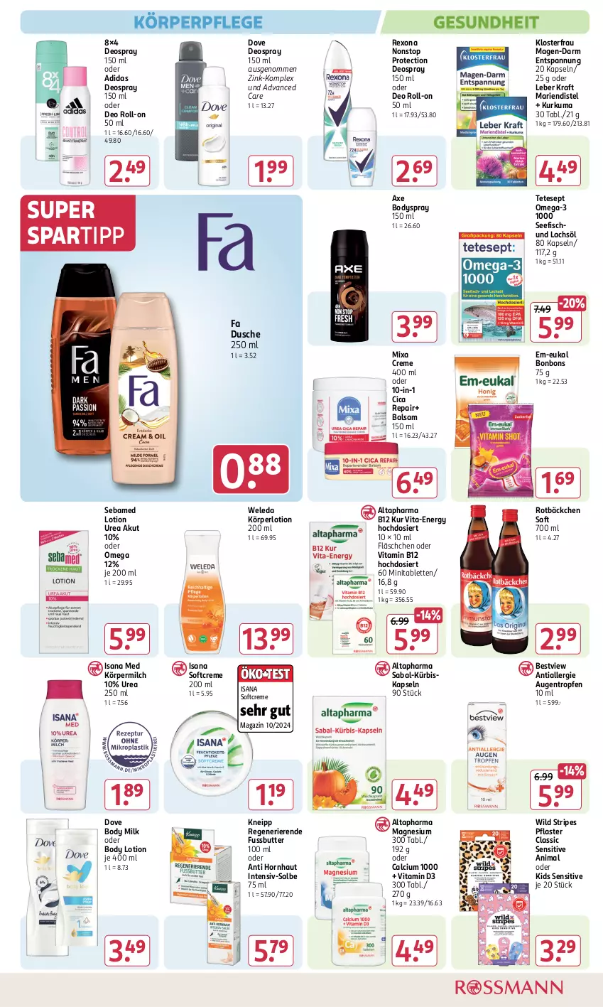 Aktueller Prospekt Rossmann - Prospekte - von 31.01 bis 06.04.2025 - strona 13 - produkty: Adidas, Altapharma, axe, balsam, body, body lotion, body milk, bodyspray, bonbons, butter, Calcium, creme, deo, deo roll-on, deospray, deospray 150 ml, dove, dusche, fisch, Gesundheit, isana, kneipp, Körperlotion, körperpflege, kraft, Kürbis, lachs, Lotion, magazin, magnesium, milch, Mixa, oder deo roll-on, omega, Omega-3, pflaster, rexona, roll-on, saft, sana, sebamed, Softcreme, spartipp, tablet, tablett, Tablette, Ti, vita, Vitamin B, Vitamin D, weleda, Wild