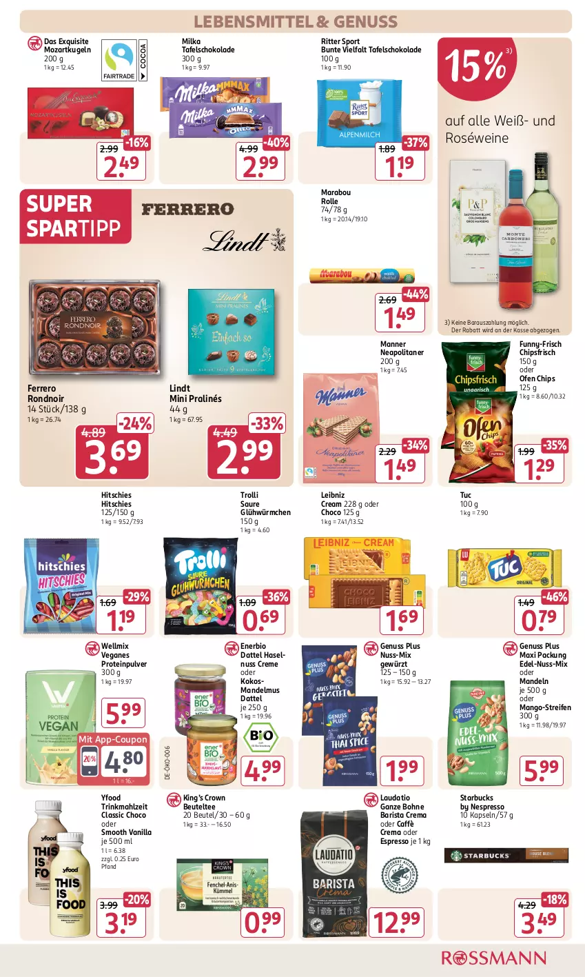 Aktueller Prospekt Rossmann - Prospekte - von 31.01 bis 06.04.2025 - strona 15 - produkty: beutel, bio, bohne, caffè crema, chips, chipsfrisch, coupon, creme, espresso, ferrero, funny-frisch, gewürz, haselnuss, kokos, Kugel, lebensmittel, leibniz, lindt, mandel, Mandelmus, mandeln, mango, Manner, Marabou, milka, mini pralinés, nespresso, nuss, oder espresso, Ofen, reifen, ritter, ritter sport, roséwein, schoko, schokolade, spartipp, Sport, starbucks, tafelschokolade, tee, Ti, trolli, tuc, wein, weine