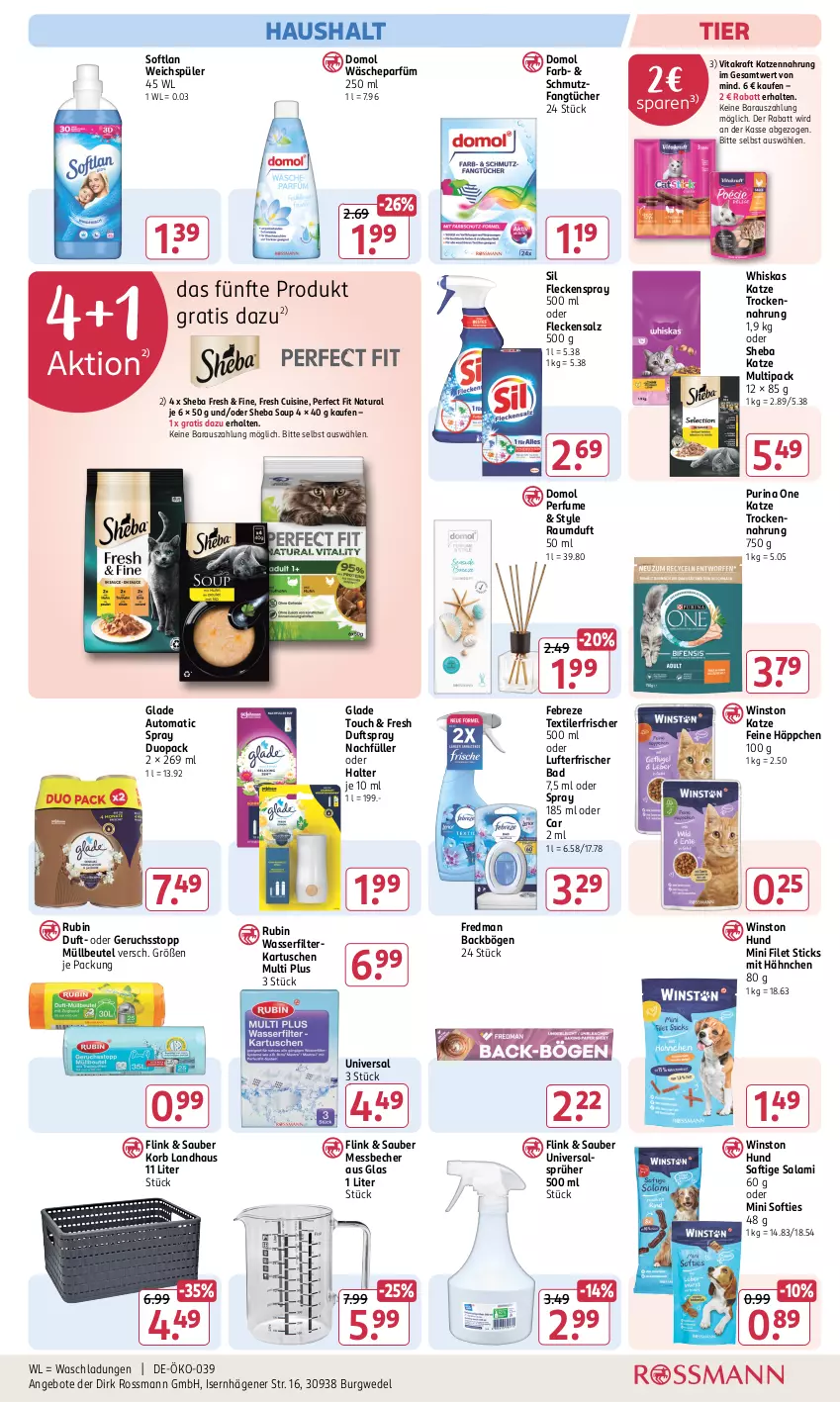 Aktueller Prospekt Rossmann - Prospekte - von 31.01 bis 06.04.2025 - strona 17 - produkty: angebot, angebote, auto, Bad, Becher, beutel, Domol, Duftspray, Fangtücher, febreze, filet, filterkartuschen, Glade, katzennahrung, korb, kraft, lufterfrischer, Messbecher, müllbeutel, natur, natura, Perfect Fit, purina, Raumduft, Rubin, saft, salami, salz, sheba, Softlan, Textilerfrischer, Ti, Trockennahrung, tücher, vita, vitakraft, wäscheparfüm, wasser, wasserfilter, wedel, weichspüler, whiskas