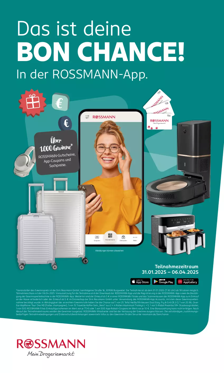 Aktueller Prospekt Rossmann - Prospekte - von 31.01 bis 06.04.2025 - strona 19 - produkty: ACC, champagne, champagner, coupon, coupons, eis, erde, fritteuse, gewinnspiel, grill, gutschein, gutscheine, Heißluftfritteuse, HP, IRobot, jbl, koffer, kopfhörer, LG, rabatt-coupon, reis, Roomba, rwe, sac, Saugroboter, tefal, Ti, trolley, uhr, wedel