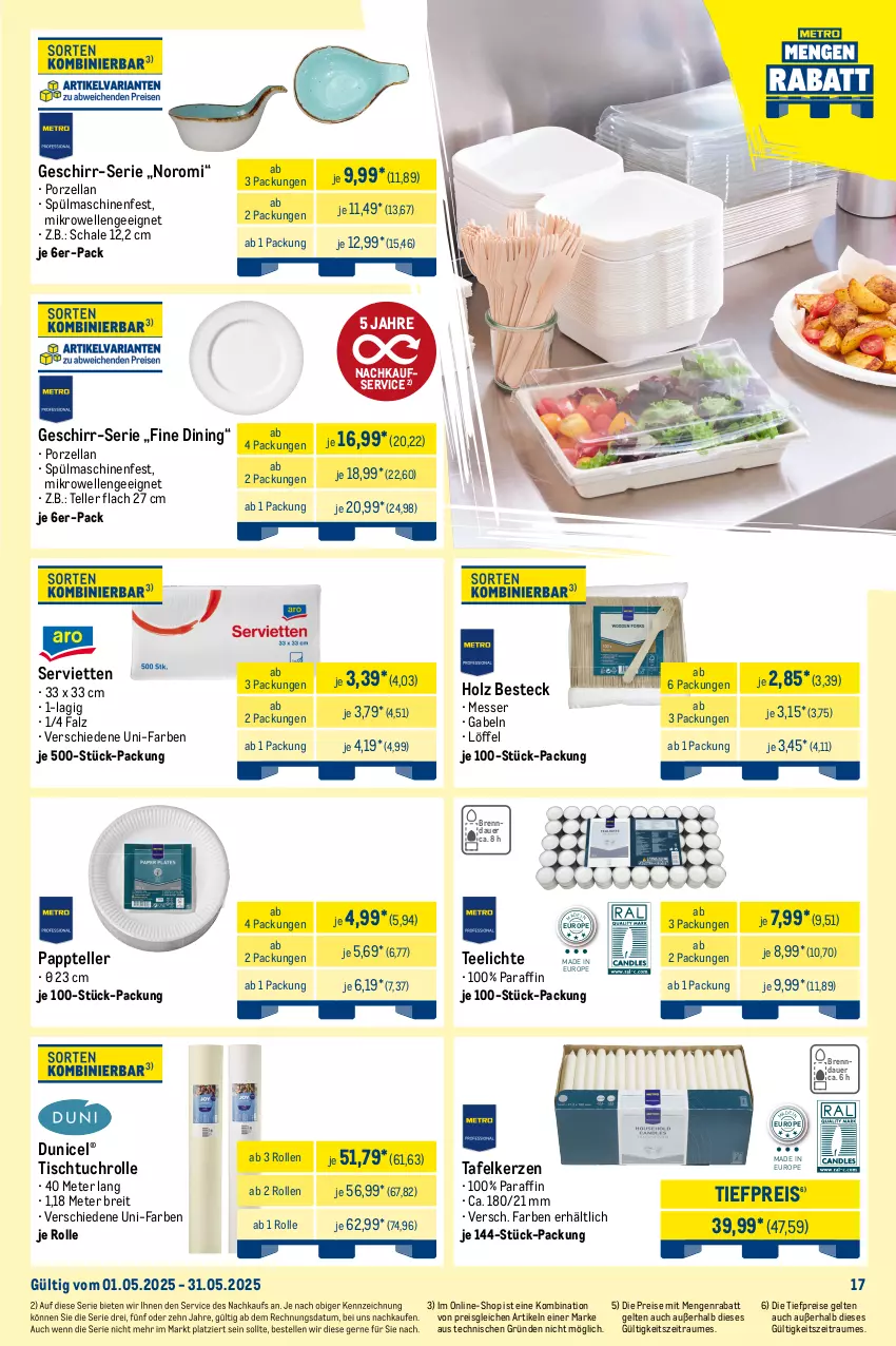 Aktueller Prospekt Metro - Monats-Menü - von 01.05 bis 31.05.2025 - strona 17 - produkty: allzweckreiniger, angebot, auer, Becher, besteck, Brei, duni, eis, elle, Fettlöser, flasche, gabel, geschirr, geschirrspülmittel, handschuhe, Holz, kerze, lenor, Löffel, Meister, meister proper, messer, mikrowelle, reiniger, reis, sac, Schal, Schale, schuhe, Serviette, servietten, spülmaschinen, spülmittel, tee, Teelicht, teelichte, teller, Ti, tiefpreis, tisch, tuc, weck, weichspüler