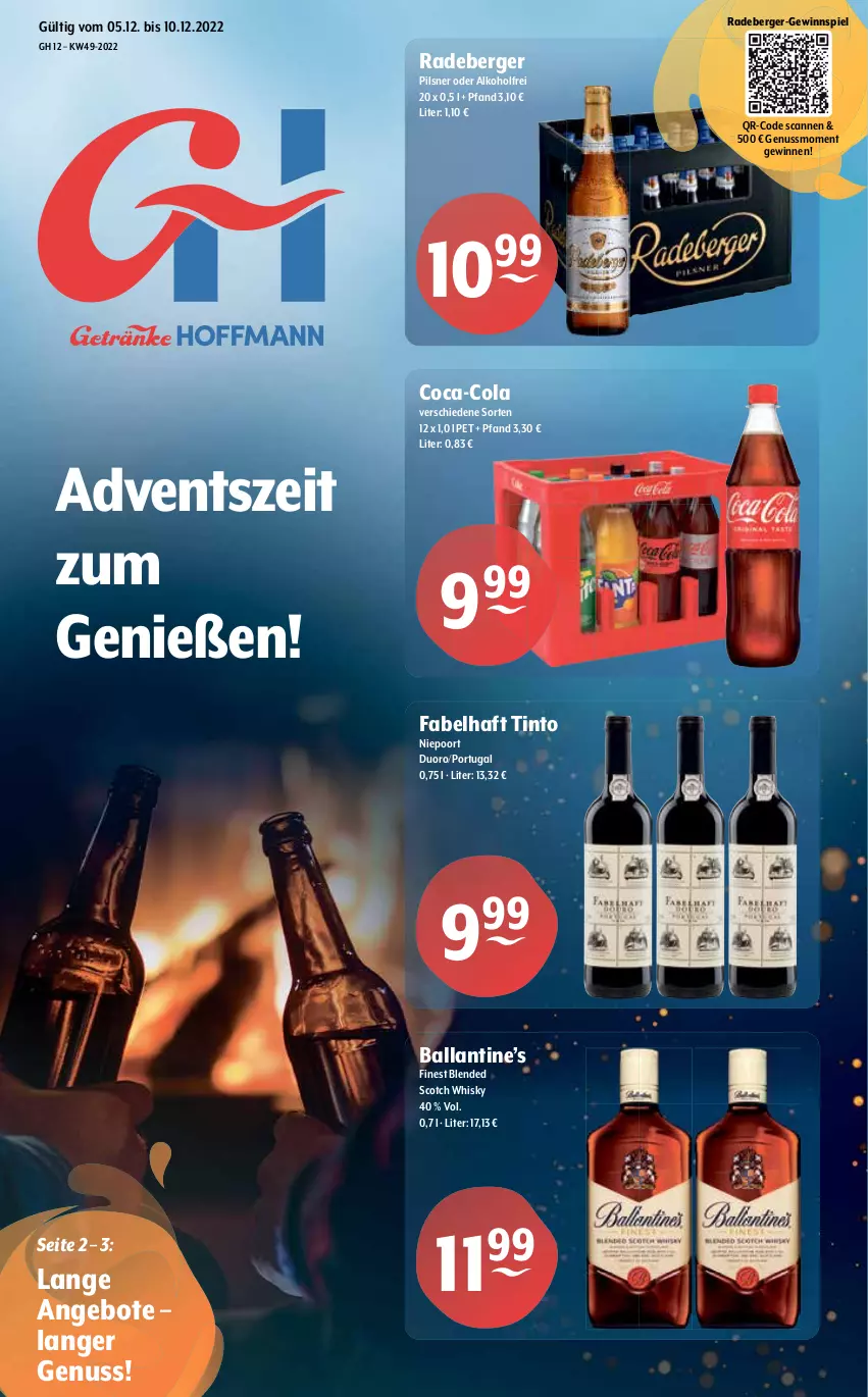 Aktueller Prospekt Getraenke Hoffmann - Prospekte - von 05.12 bis 10.12.2022 - strona 1 - produkty: alkohol, angebot, angebote, ball, Berger, blended scotch, blended scotch whisky, coca-cola, cola, gewinnspiel, nuss, pils, pilsner, radeberger, radeberger pilsner, scotch, scotch whisky, Ti, whisky