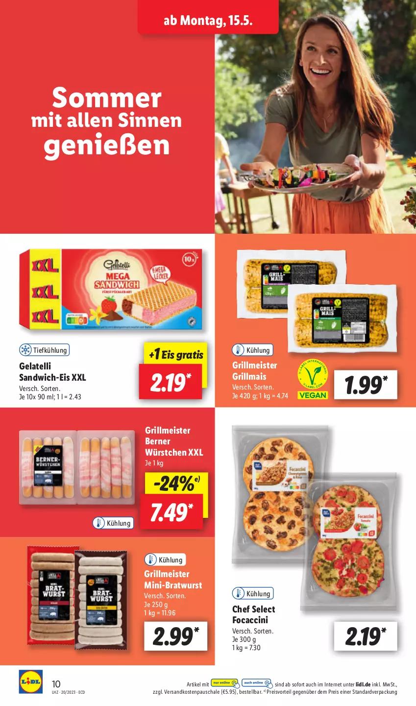 Aktueller Prospekt Lidl - Aktionsprospekt - von 15.05 bis 20.05.2023 - strona 10 - produkty: ACC, bratwurst, cin, eis, Gelatelli, grill, Grillmais, mais, Meister, ndk, preisvorteil, reis, sandwich, Schal, Schale, Ti, wurst, würstchen