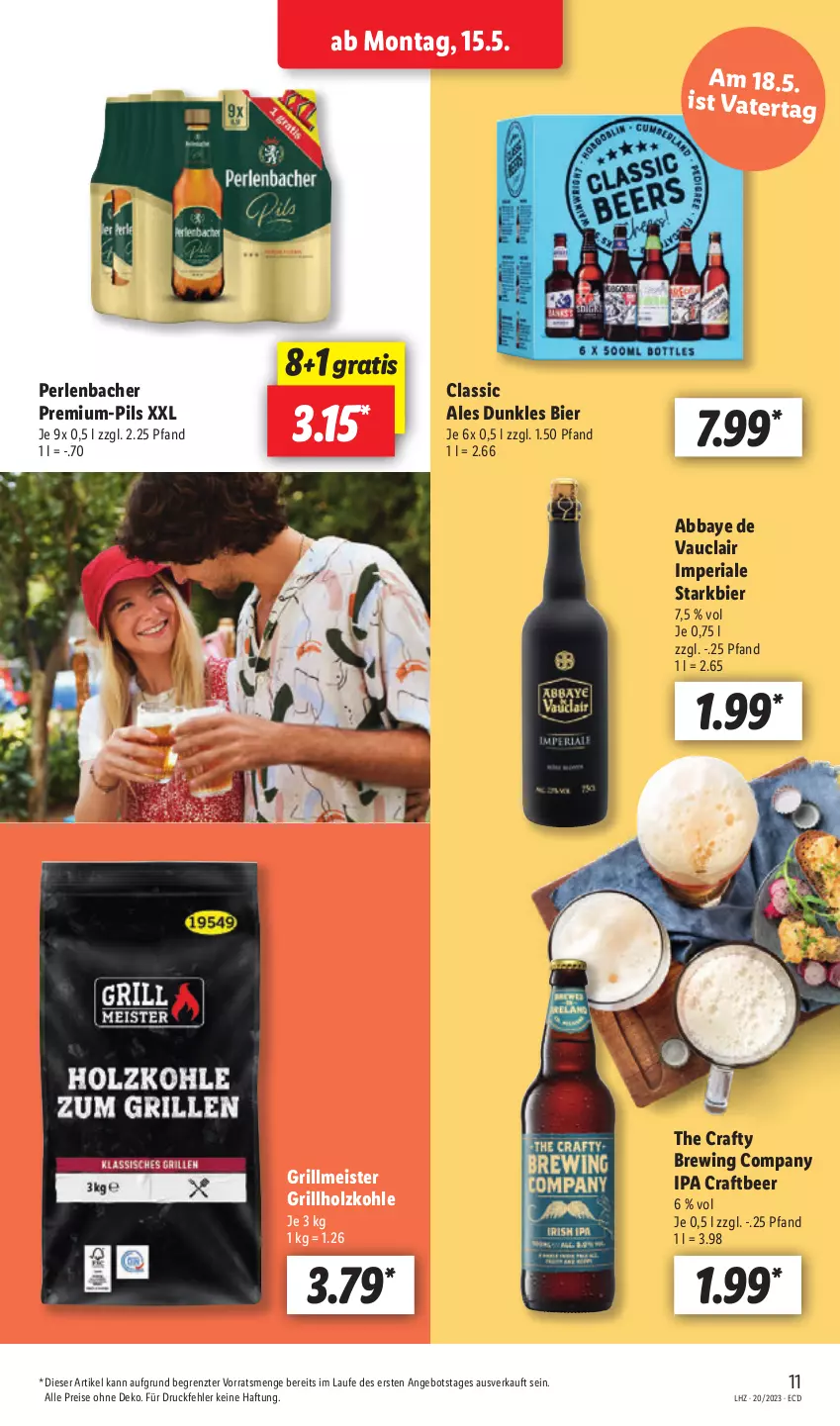 Aktueller Prospekt Lidl - Aktionsprospekt - von 15.05 bis 20.05.2023 - strona 11 - produkty: Abba, angebot, bier, eis, grill, grillholzkohle, Holz, holzkohle, Meister, perlen, pils, reis, Ria, Ti, ZTE