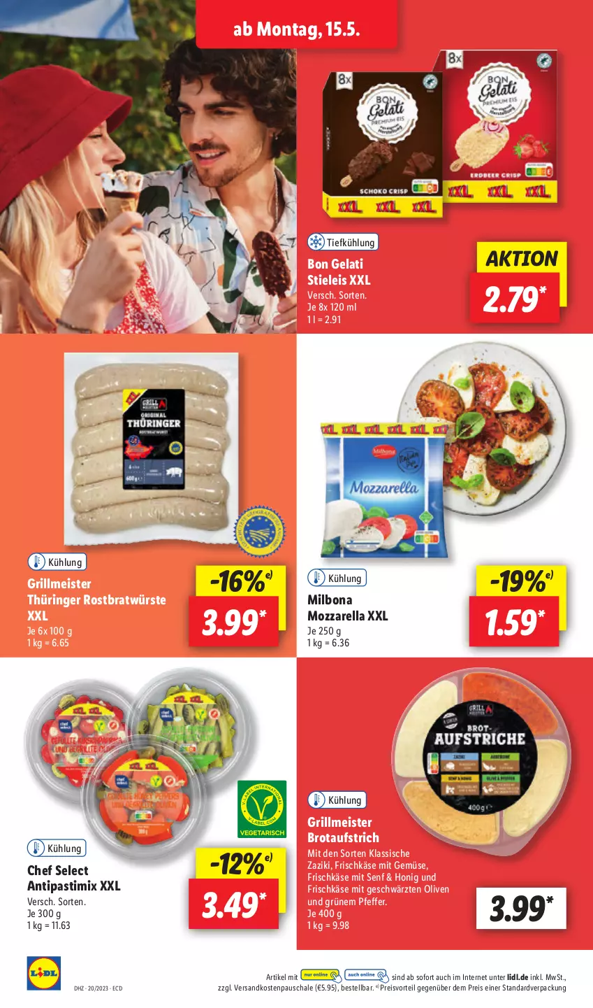 Aktueller Prospekt Lidl - Aktionsprospekt - von 15.05 bis 20.05.2023 - strona 12 - produkty: antipasti, asti, aufstrich, Bon Gelati, Bona, brot, brotaufstrich, eis, frischkäse, grill, honig, Käse, Meister, Milbona, mit gemüse, mozzarella, ndk, olive, oliven, pfeffer, preisvorteil, reis, rel, ring, Schal, Schale, senf, stieleis, Ti, zaziki, ZTE