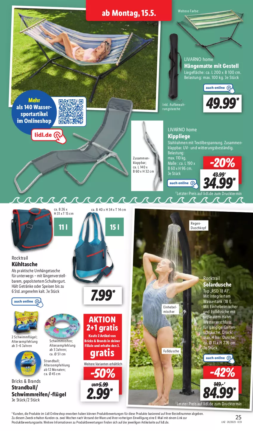 Aktueller Prospekt Lidl - Aktionsprospekt - von 15.05 bis 20.05.2023 - strona 29 - produkty: ball, dusche, Einhebelmischer, eis, Garten, getränk, getränke, hängematte, kühltasche, Liege, reifen, reis, Ria, rwe, schläuche, schultergurt, Sport, Tasche, Ti, tisch, umhängetasche, wasser, Wassersport, wassertank, weck, ZTE