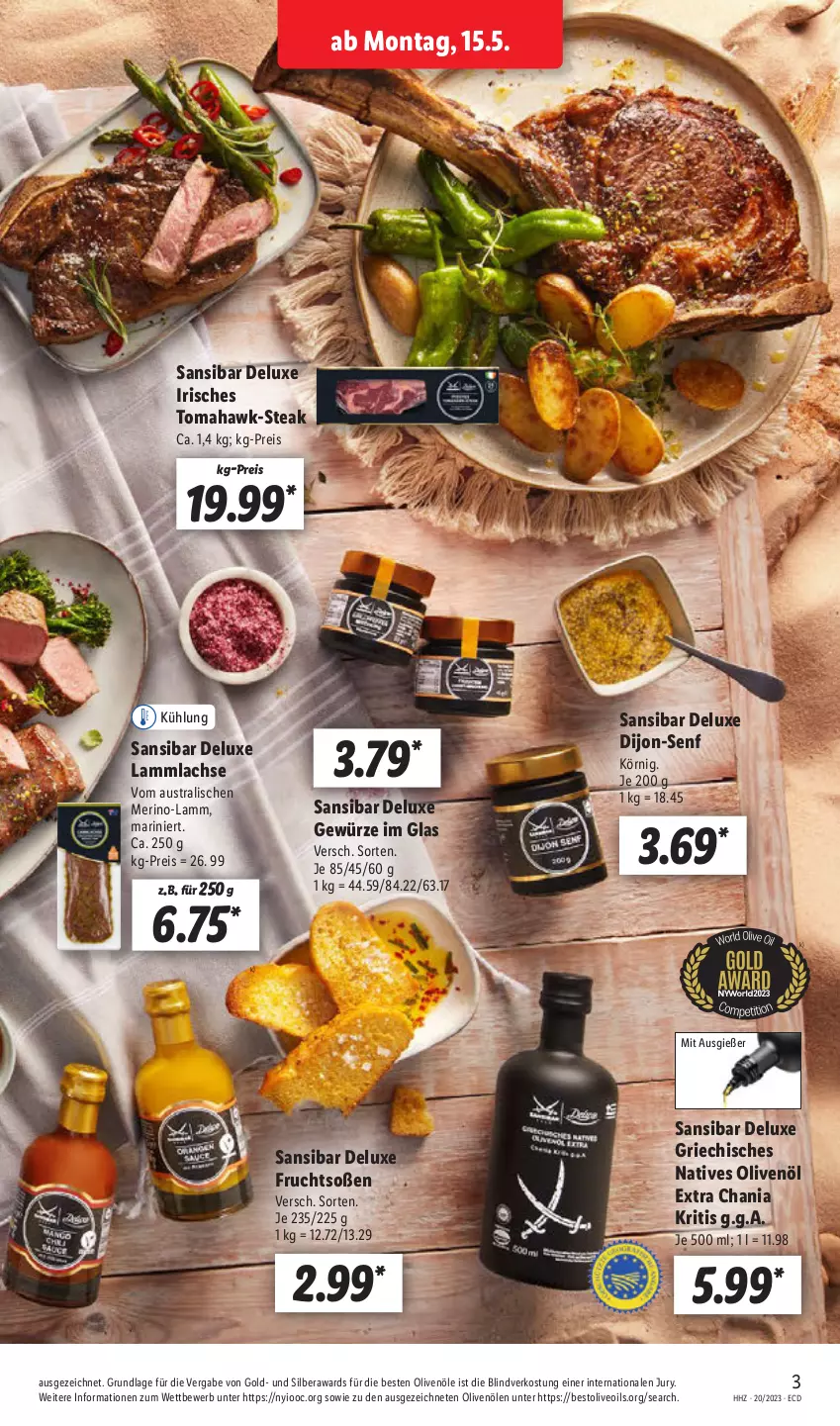 Aktueller Prospekt Lidl - Aktionsprospekt - von 15.05 bis 20.05.2023 - strona 3 - produkty: aust, dijon-senf, eis, frucht, gewürz, lachs, lamm, lammlachse, natives olivenöl, olive, oliven, olivenöl, olivenöl extra, reis, senf, Soße, steak, Ti