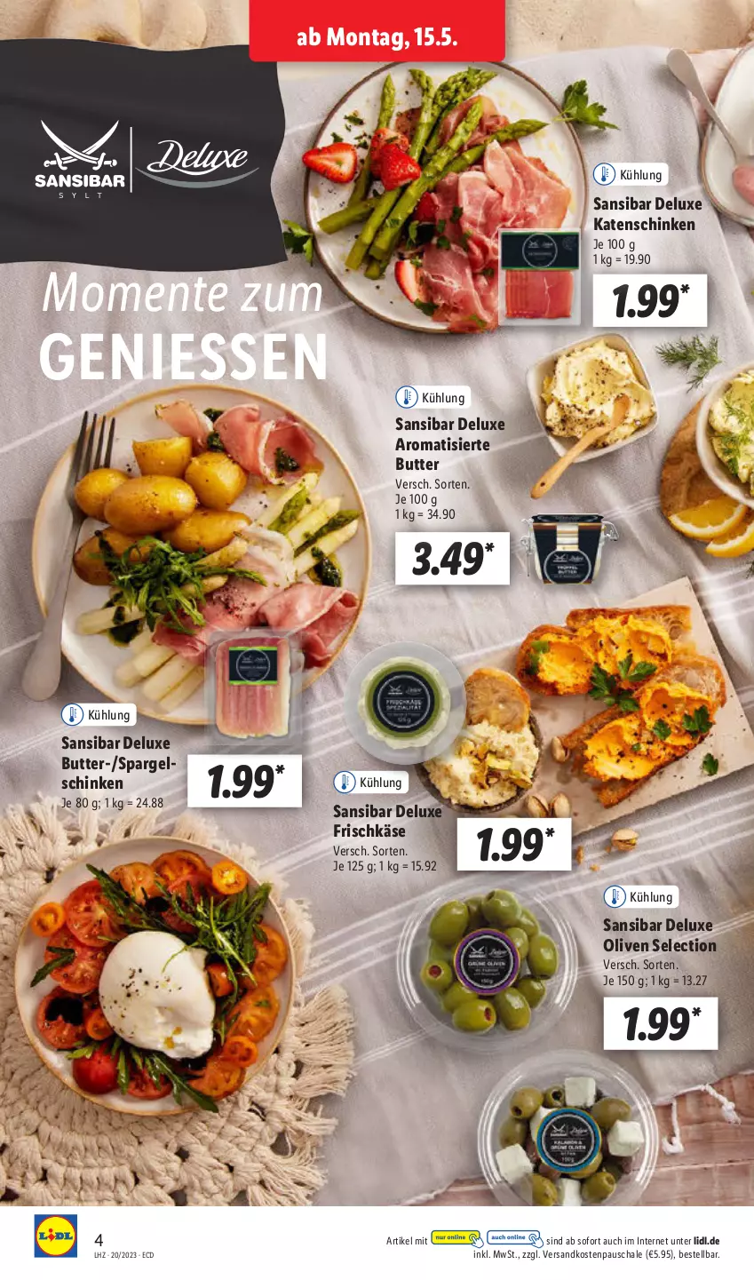 Aktueller Prospekt Lidl - Aktionsprospekt - von 15.05 bis 20.05.2023 - strona 4 - produkty: butter, ente, frischkäse, Käse, katenschinken, ndk, olive, oliven, Schal, Schale, schinken, spargel, spargelschinken, Ti