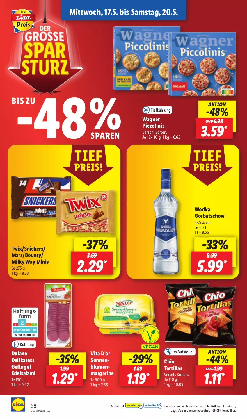 Aktueller Prospekt Lidl - Aktionsprospekt - von 15.05 bis 20.05.2023 - strona 42 - produkty: blume, blumen, bounty, dulano, Edelsalami, eis, elle, Geflügel, Gorbatschow, margarine, mars, milky way, ndk, piccolinis, reis, salami, Schal, Schale, snickers, teller, Ti, tortilla, tortillas, twix, vita, wagner, wodka