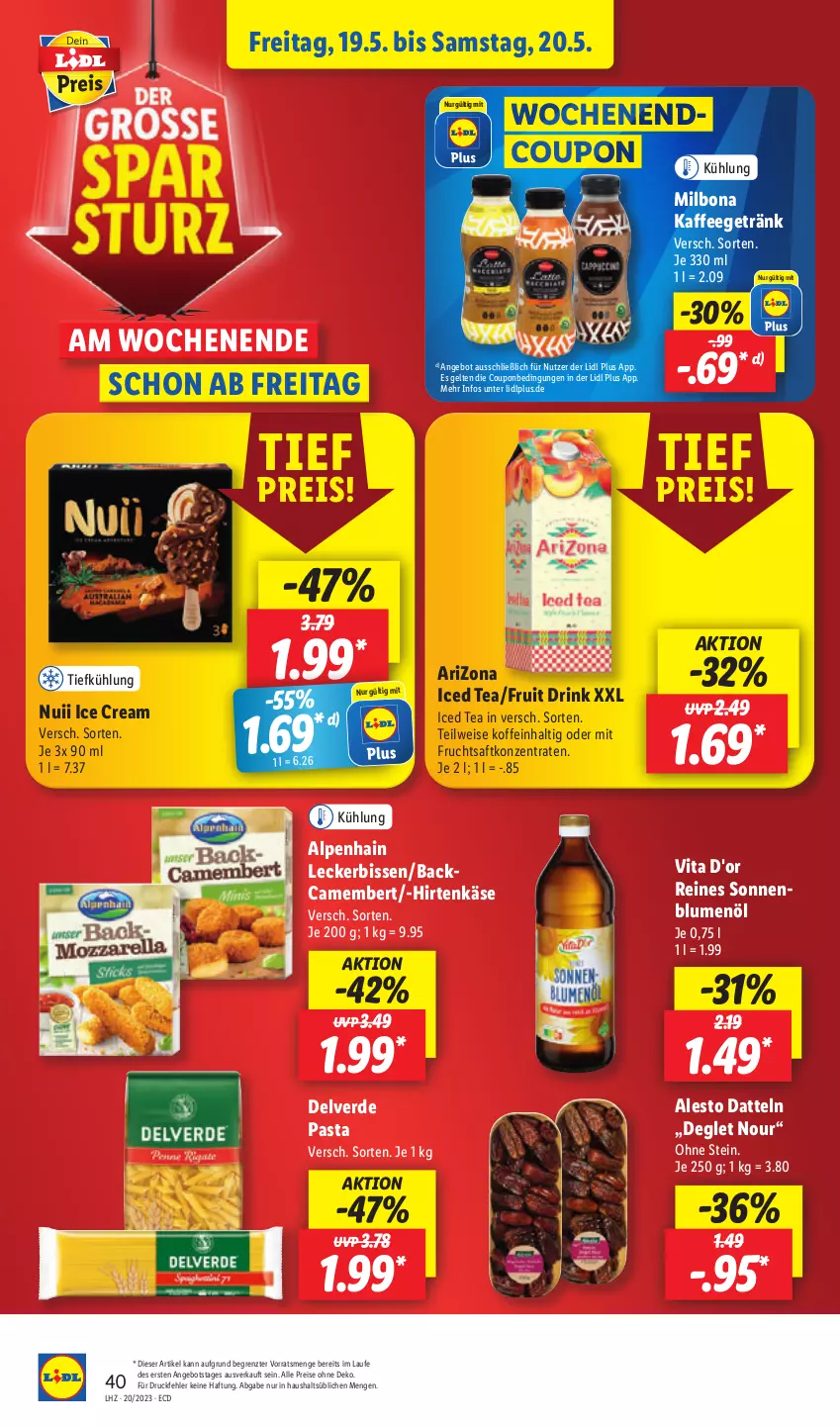 Aktueller Prospekt Lidl - Aktionsprospekt - von 15.05 bis 20.05.2023 - strona 48 - produkty: alesto, Alpenhain, angebot, blume, blumen, blumenöl, Bona, camembert, coupon, Datteln, drink, drucker, eis, Engel, erde, frucht, fruchtsaft, getränk, hirtenkäse, kaffee, Käse, kerze, Milbona, mit frucht, nuii, papier, pasta, reis, saft, sonnenblume, sonnenblumen, sonnenblumenöl, Ti, vita, ZTE