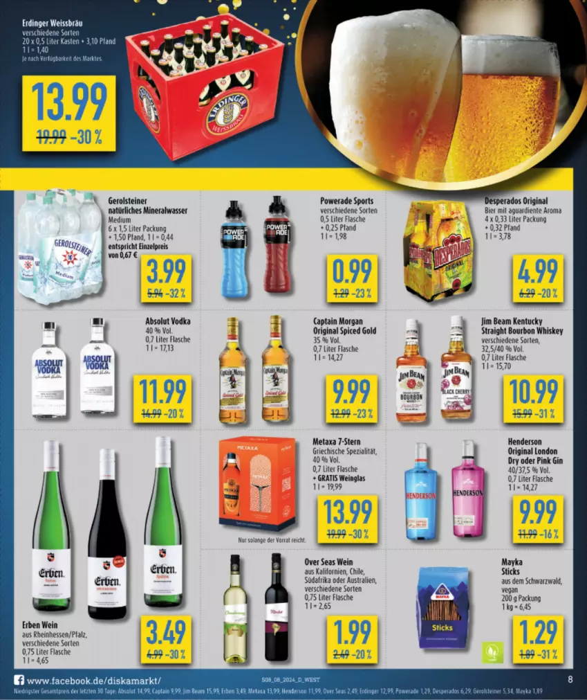 Aktueller Prospekt Diska - von 19.02 bis 24.02.2024 - strona 10 - produkty: Absolut Vodka, Alwa, aust, bier, bourbon, bourbon whiskey, Cap, captain morgan, desperados, eis, enders, ente, erdinger, flasche, gerolsteine, gerolsteiner, gin, jim beam, Metaxa, mineralwasser, natürliches mineralwasser, original spiced gold, reis, Spezi, Sport, steiner, Ti, tuc, vodka, wasser, wein, whiskey, ZTE