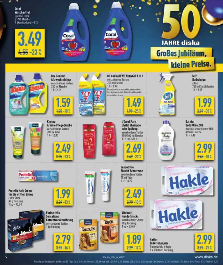 Aktueller Prospekt Diska - von 19.02 bis 24.02.2024 - strona 11 - produkty: allzweckreiniger, Bad, biff, bio, biozidprodukte, body, Coral, creme, dusche, elvital, flasche, garnier, kneipp, kraft, l'oreal, papier, pflegedusche, Rauch, reiniger, rwe, sensations, sensodyne, sensodyne fluorid, shampoo, snack, snacks, spülung, Ti, toilettenpapier, Trockennahrung, vita, vitakraft, waschmittel, weck, zahncreme