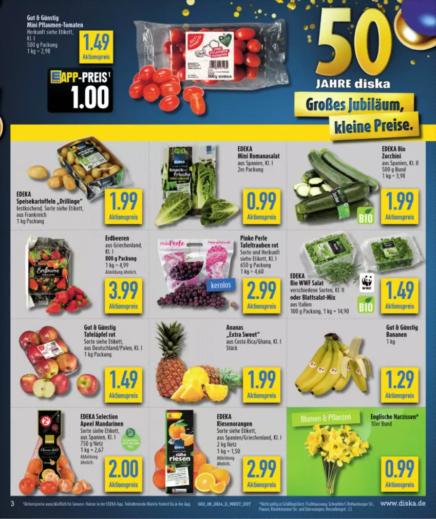 Aktueller Prospekt Diska - von 19.02 bis 24.02.2024 - strona 5 - produkty: aktionspreis, ananas, banane, bananen, beere, beeren, bio, deka, edeka bio, eier, eis, erdbeere, erdbeeren, kartoffel, kartoffeln, leine, mandarine, mandarinen, orange, orangen, pflaume, pflaumen, Pflaumen-Tomaten, reis, Romanasalat, salat, speisekartoffeln, tafeltrauben, tee, Ti, tomate, tomaten, trauben, zucchini