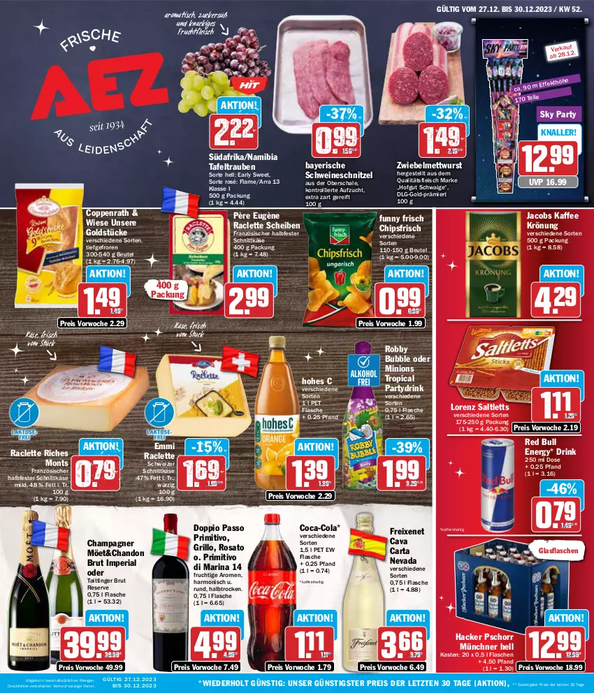 Aktueller Prospekt Aez - Prospekte - von 27.12 bis 30.12.2023 - strona 1 - produkty: beutel, brut, Cava, champagne, champagner, chips, chipsfrisch, coca-cola, cola, coppenrath, doppio passo, drink, eis, emmi, flasche, fleisch, freixenet, frucht, fruchtfleisch, Funny Frisch, glasflasche, Goldstücke, grill, grillo, hacker pschorr, halbfester schnittkäse, hofgut, Hohes C, jacobs, kaffee, Käse, LG, lorenz, Mett, mettwurst, passo, primitivo, red bull, reis, Ria, robby, rosato, saltletts, Schal, Schale, schnittkäse, schnitzel, schwein, schweine, schweineschnitzel, schweizer schnittkäse, tafeltrauben, Ti, tisch, trauben, trolli, wein, weine, wurst, ZTE, zucker, zwiebel, zwiebelmettwurst