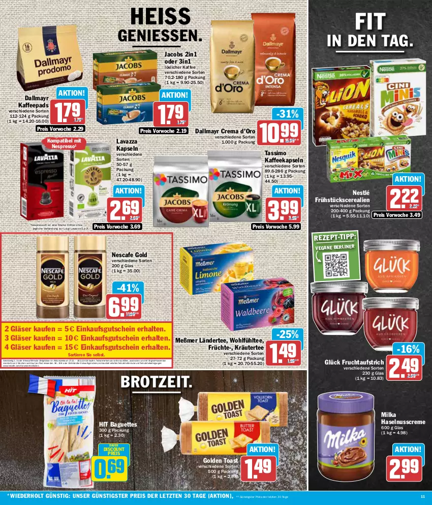 Aktueller Prospekt Aez - Prospekte - von 27.12 bis 30.12.2023 - strona 11 - produkty: auer, aufstrich, baguette, baguettes, berliner, brot, cerealien, creme, dallmayr, discount, eis, espresso, frucht, fruchtaufstrich, früchte, gin, Gläser, golden toast, gutschein, haselnuss, Haselnusscreme, jacobs, kaffee, kaffeekapseln, kaffeepads, kräuter, Ländertee, lavazza, löslicher kaffee, Meßmer, milka, nescafe, Nescafé, nespresso, nestlé, nuss, reis, ritter, sim, tassimo, tee, Ti, Tiere, toast, ZTE