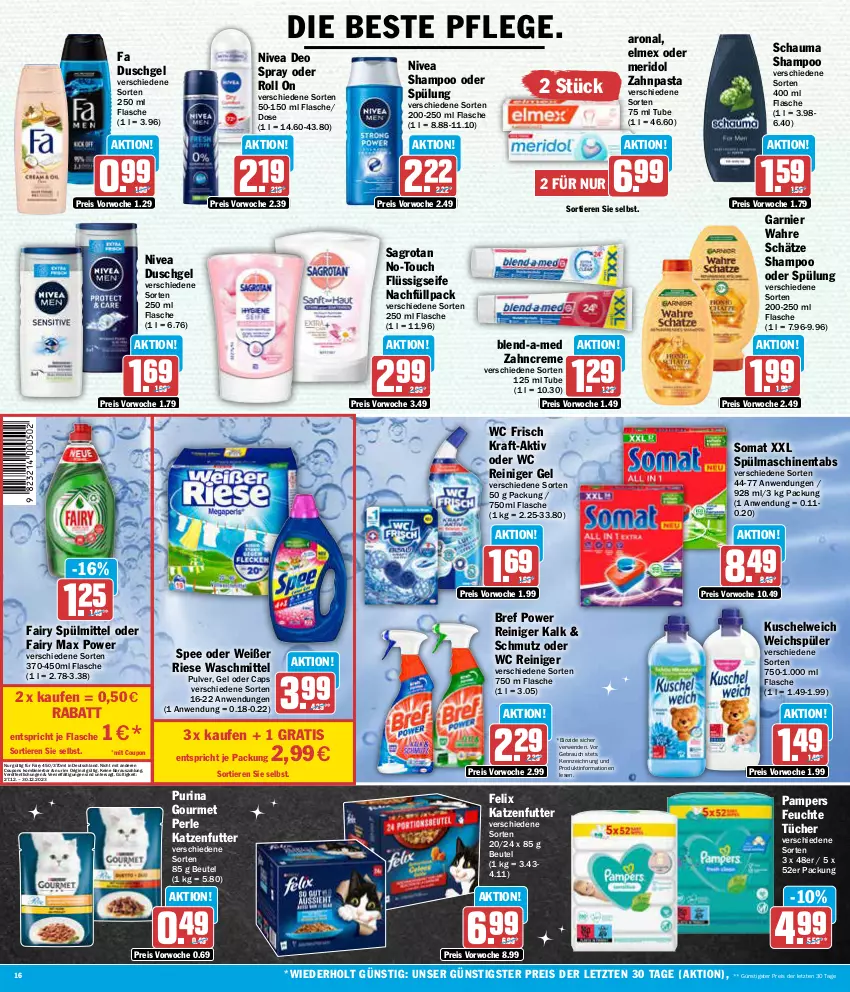 Aktueller Prospekt Aez - Prospekte - von 27.12 bis 30.12.2023 - strona 16 - produkty: beutel, bio, blend-a-med, Bref, bref power, Cap, coupon, coupons, creme, deo, deo spray, duschgel, eis, elmex, fa duschgel, fairy, felix, feuchte tücher, flasche, flüssigseife, garnier, gin, katzenfutter, kraft, Kuschelweich, meridol, nivea, pampers, pasta, purina, Rauch, reiniger, reiniger gel, reis, rwe, sagrotan, schauma, schauma shampoo, Seife, shampoo, shampoo oder spülung, somat, spee, spülmaschinen, spülmaschinentabs, spülmittel, spülung, Ti, Tiere, tücher, Wahre Schätze, waschmittel, wc frisch, weichspüler, zahncreme, zahnpasta, ZTE