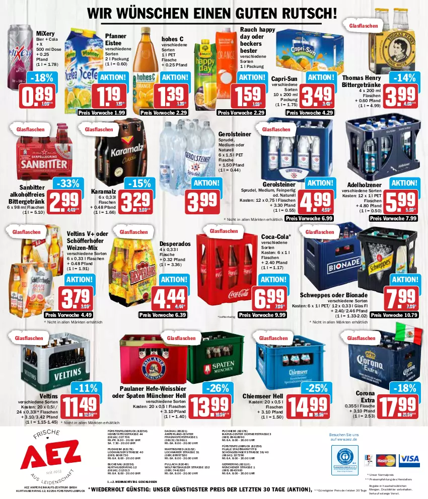 Aktueller Prospekt Aez - Prospekte - von 27.12 bis 30.12.2023 - strona 20 - produkty: adelholzener, AEZ, alkohol, Beckers Bester, bier, bio, bionade, buch, Cap, capri-sun, coca-cola, cola, corona, corona extra, desperados, drucker, eis, eistee, elle, Engel, ente, fisch, flasche, Germ, gerolsteine, gerolsteiner, getränk, getränke, glasflasche, Happy Day, Hefe, Hohes C, Holz, karamalz, kerze, malz, Mixer, mixery, natur, Paula, paulaner, perla, pfanne, Pfanner, rama, Rauch, reis, rel, ring, rum, schöfferhofer, schweppes, Spaten, Sprudel, steiner, tee, teller, thomas henry, Ti, uhr, veltins, weissbier, ZTE