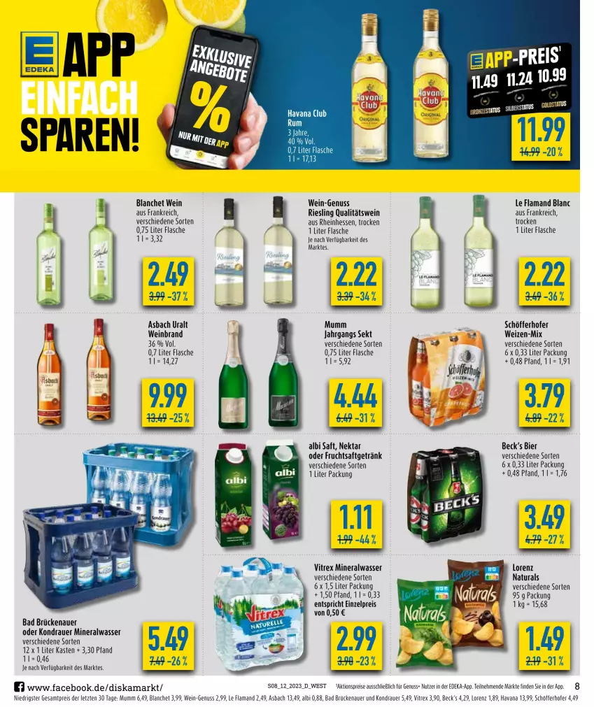 Aktueller Prospekt Diska - Prospekte - von 20.03 bis 25.03.2023 - strona 8 - produkty: aktionspreis, Alwa, asbach uralt, auer, Bad, bier, deka, eis, flasche, frucht, fruchtsaft, fruchtsaftgetränk, getränk, lorenz, mineralwasser, mumm, natur, natura, Nektar, nuss, qualitätswein, reis, riesling, saft, schöfferhofer, sekt, Ti, vitrex, wasser, wein, weinbrand, ZTE