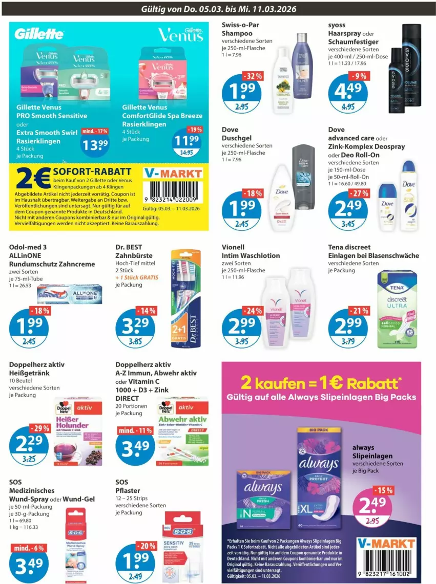 Aktueller Prospekt Vmarkt - Prospekte - von 05.03 bis 11.03.2026 - strona 10 - produkty: Alwa, Always, beutel, bree, bürste, coupon, coupons, creme, deo, deo roll-on, deospray, Discreet, doppelherz, dove, Dr. Best, duschgel, erde, flasche, getränk, gillette, gillette venus, gin, haarspray, Lotion, oder deo roll-on, Odol, Odol-med 3, pflaster, Rasierklinge, rasierklingen, roll-on, schaumfestiger, shampoo, slip, slipeinlagen, sofort-rabatt, sofortrabatt, swirl, Swiss-o-Par, syoss, Ti, venus, Vionell, vita, Vitamin C, Waschlotion, Yo, zahnbürste, zahncreme