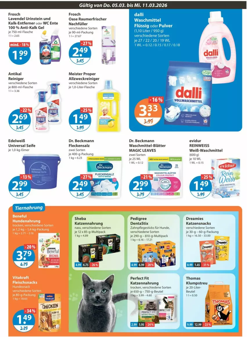Aktueller Prospekt Vmarkt - Prospekte - von 05.03 bis 11.03.2026 - strona 11 - produkty: allzweckreiniger, beutel, Dr. Beckmann, dreamies, eimer, eis, ente, flasche, fleisch, Frosch, hundenahrung, hundesnack, katzennahrung, katzensnack, katzensnacks, klumpstreu, kraft, lavendel, Meister, meister proper, pedigree, Perfect Fit, Raumerfrischer, reiniger, salz, Seife, sheba, snack, snacks, Ti, vita, vitakraft, vollwaschmittel, waschmittel, wc ente, weck
