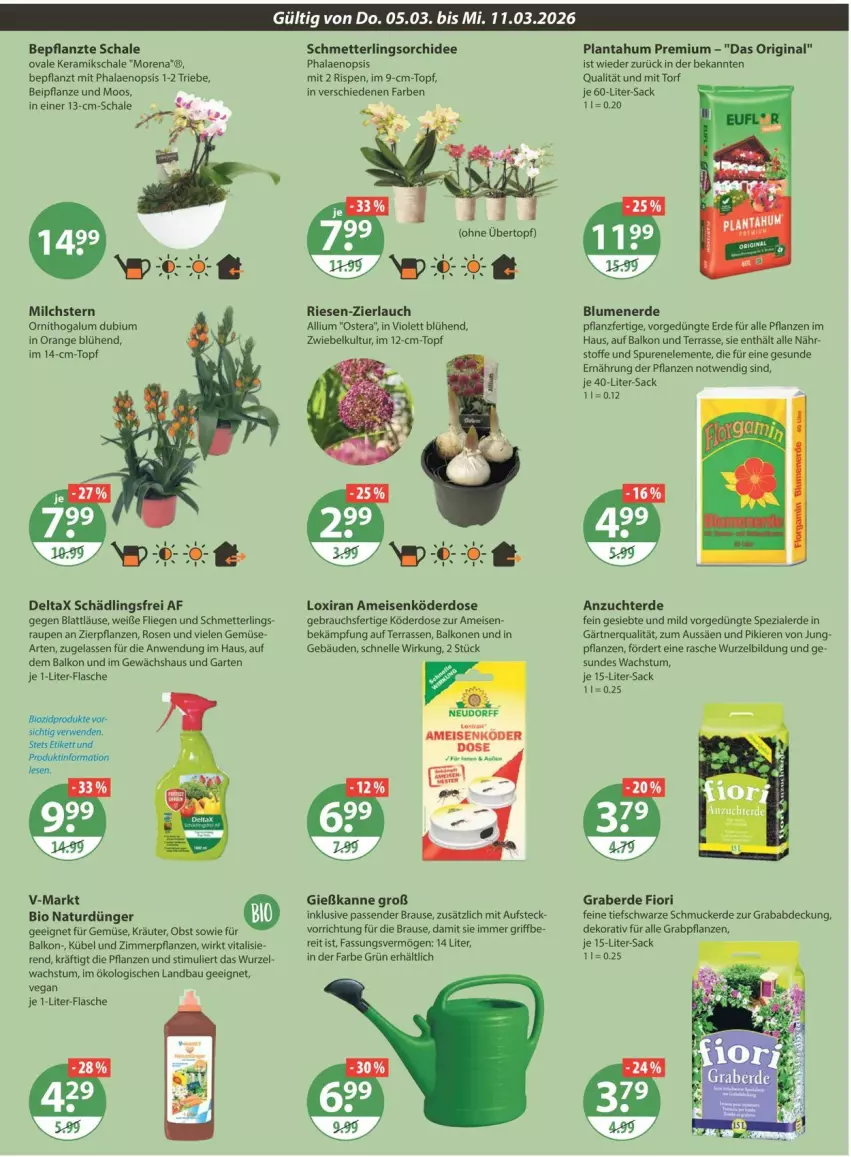 Aktueller Prospekt Vmarkt - Prospekte - von 05.03 bis 11.03.2026 - strona 15 - produkty: Bau, bio, biozidprodukte, blume, blumen, blumenerde, brause, dünger, eis, elle, ente, erde, flasche, Garten, Gewächshaus, Gießkanne, gin, im 9-cm-topf, je 1-liter-flasche, kräuter, Liege, Mett, milch, natur, obst, orange, orchidee, pflanze, pflanzen, phalaenopsis, Rauch, rosen, rwe, sac, Schal, Schale, Schmetterling, schmetterlingsorchidee, Schmuck, Spezi, Ti, topf, vita, vitalis, ZTE, zwiebel