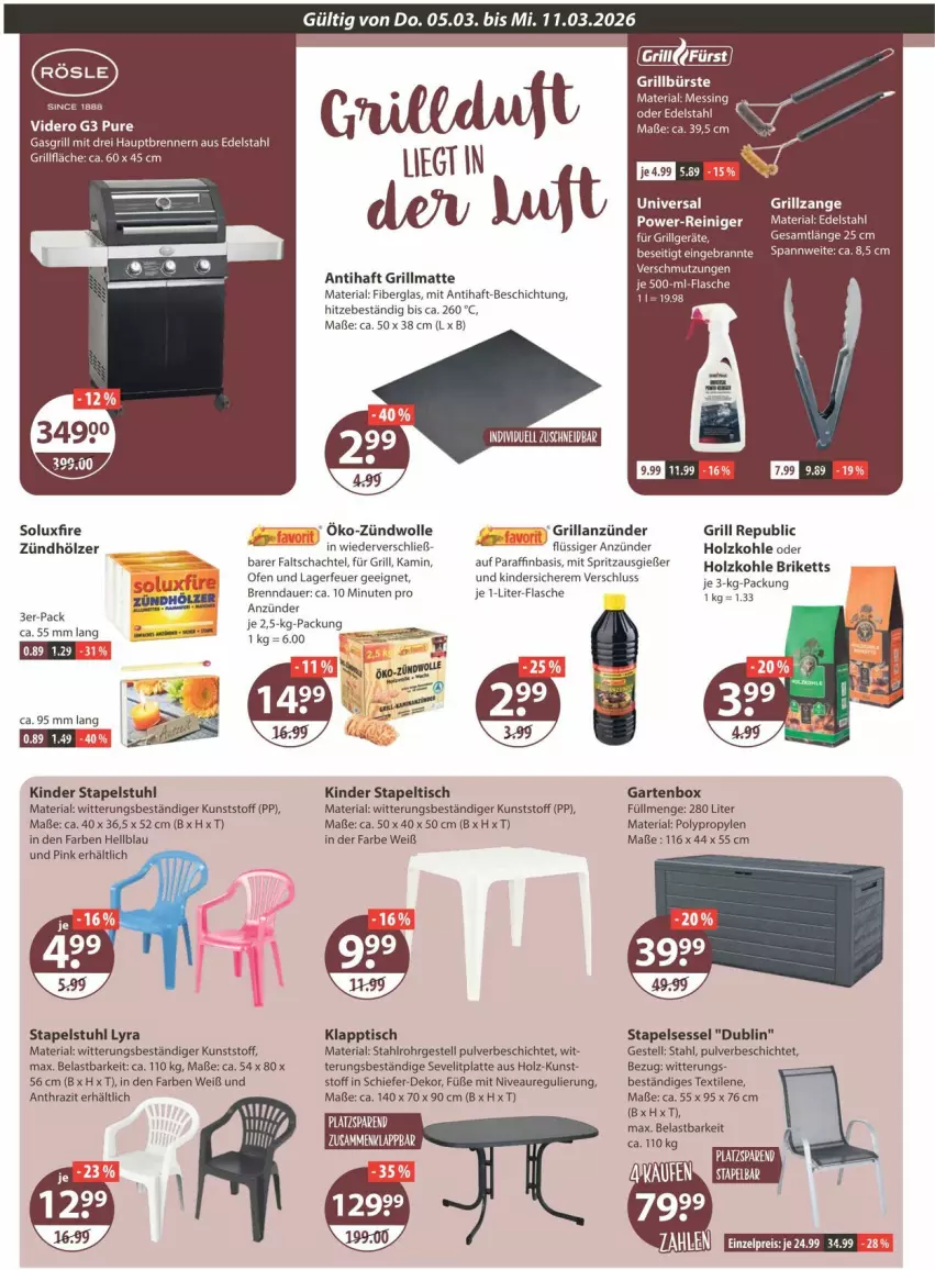 Aktueller Prospekt Vmarkt - Prospekte - von 05.03 bis 11.03.2026 - strona 16 - produkty: anzünder, auer, briketts, bürste, edelstahl, eis, flasche, Garten, gasgrill, grill, grillanzünder, Holz, holzkohle, je 1-liter-flasche, Kamin, Kinder, klapptisch, latte, nivea, Ofen, reiniger, reis, rel, Ria, sessel, stapelsessel, stapelstuhl, stuhl, tee, Ti, tisch, wolle, Yo