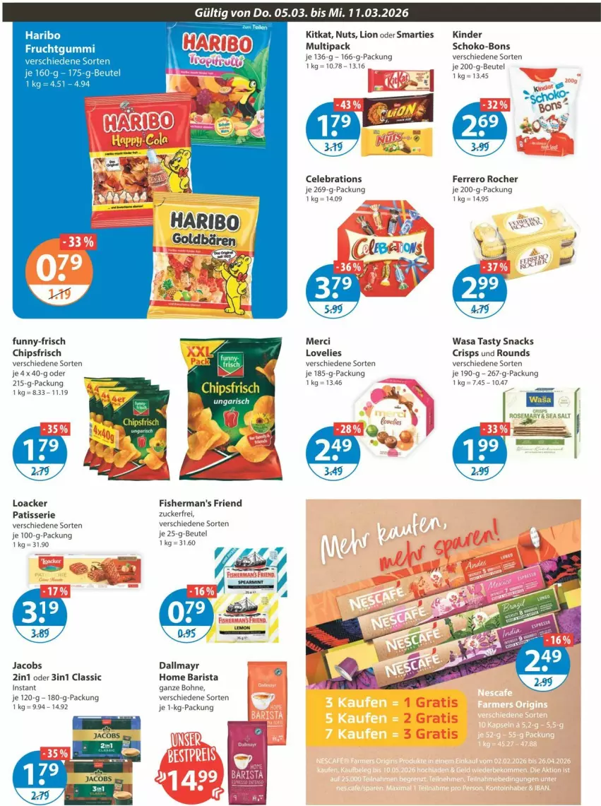 Aktueller Prospekt Vmarkt - Prospekte - von 05.03 bis 11.03.2026 - strona 8 - produkty: beutel, bohne, chips, chipsfrisch, dallmayr, ferrero, Ferrero Rocher, frucht, funny-frisch, haribo, jacobs, Kinder, kitkat, lion, merci, schoko, schoko-bons, smarties, snack, snacks, Ti, wasa, zucker