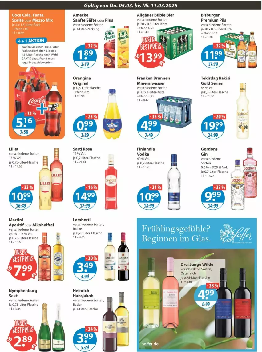 Aktueller Prospekt Vmarkt - Prospekte - von 05.03 bis 11.03.2026 - strona 9 - produkty: alkohol, Alwa, Amber, amecke, aperitif, Bad, bier, bitburger, brunnen, burger, erde, flasche, franken brunnen, gin, gordon, gordons, jako, je 1-liter-flasche, LG, lillet, martini, mineralwasser, orangina, pils, premium pils, säfte, sekt, Ti, vodka, wasser, Wild