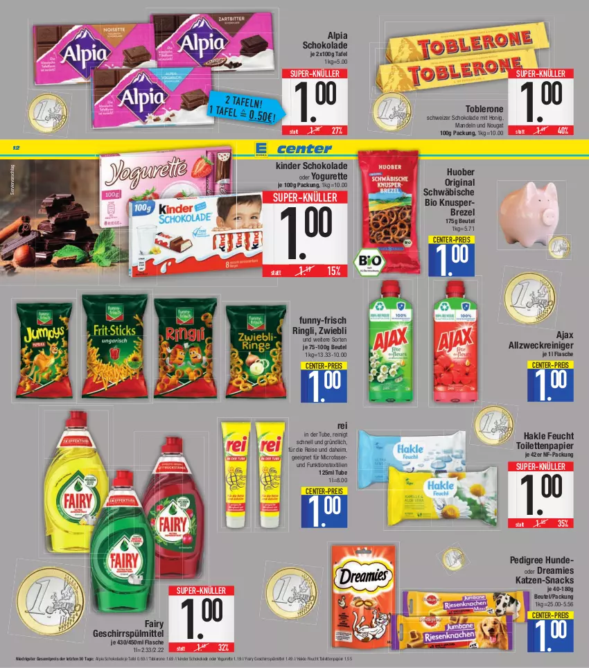 Aktueller Prospekt E Center - Angebote der Woche - von 27.06 bis 02.07.2022 - strona 12 - produkty: ajax, allzweckreiniger, alpia, beutel, bio, brezel, deo, dreamies, eis, ente, fairy, flasche, funny-frisch, geschirr, geschirrspülmittel, gin, hakle, honig, huober, Kinder, kinder schokolade, mandel, mandeln, oder yogurette, papier, pedigree, reiniger, reis, ring, schoko, schokolade, snack, snacks, spülmittel, super-knüller, Ti, toblerone, toilettenpapier, weck, Yo, yogurette, ZTE