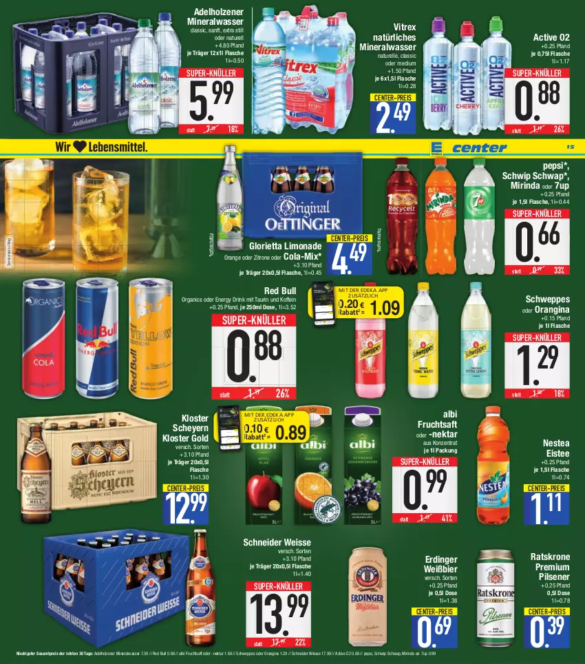 Aktueller Prospekt E Center - Angebote der Woche - von 27.06 bis 02.07.2022 - strona 15 - produkty: 7UP, adelholzener, Alwa, bier, cola, coupon, deka, drink, eis, eistee, elle, energy drink, ente, erdinger, flasche, frucht, fruchtsaft, gin, Holz, krone, limo, limonade, mineralwasser, Mineralwasser Classic, Mirinda, natur, natürliches mineralwasser, Nektar, Nestea, nuss, orange, orangina, pepsi, pils, pilsener, premium pils, red bull, reis, rel, rind, saft, schweppes, Schwip Schwap, super-knüller, tee, Ti, vitrex, wasser, zitrone, ZTE