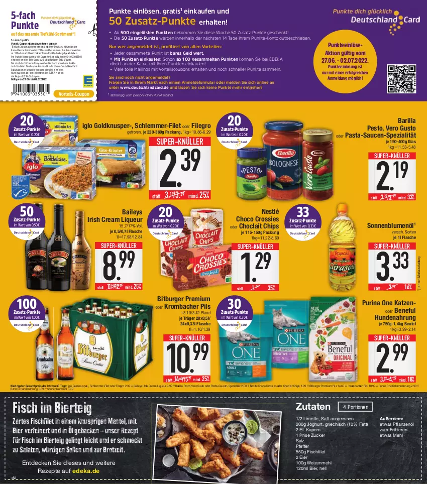 Aktueller Prospekt E Center - Angebote der Woche - von 27.06 bis 02.07.2022 - strona 16 - produkty: baileys, barilla, beko, beutel, bier, bitburger, blume, blumen, blumenöl, brot, burger, chips, choclait chips, choco crossies, coupon, coupons, crossies, decke, deka, deutschlandcard, eier, eis, elle, erde, filegro, filet, fisch, flasche, geback, hundenahrung, iglo, irish cream, joghur, joghurt, katzennahrung, krombache, krombacher, krombacher pils, LG, limette, liqueur, Mantel, mehl, Mett, nestlé, pasta, pasta-sauce, pesto, pfeffer, pflanze, pflanzen, Pflanzenöl, pils, premium pils, purina, reis, rezept, rezepte, ring, saft, salat, salate, salz, sauce, saucen, schlemmer-filet, sonnenblume, sonnenblumen, sonnenblumenöl, Soße, Spezi, super-knüller, tee, Ti, Tiere, weizenmehl, ZTE, zucker