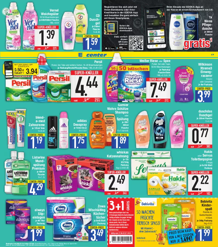 Aktueller Prospekt E Center - Angebote der Woche - von 27.06 bis 02.07.2022 - strona 17 - produkty: Adidas, Alwa, Always, Bank, bebivita, beutel, Cap, coupon, coupons, creme, deka, deo, deospray, duschdas, dusche, duschgel, einwegrasierer, eis, ente, flasche, frucht, früchte, fruchtsaft, garnier, hakle, katzennahrung, Kinder, küche, Küchen, küchentücher, listerine, mac, mundspülung, natur, Nektar, nivea, nuss, papier, persil, pflegedusche, quetschbeutel, rasierer, reis, saft, shampoo, slip, slipeinlagen, smartphone, spee, spülung, super-knüller, Ti, toilettenpapier, tücher, vernel, vita, Vitamin C, Wahre Schätze, weichspüler, whiskas, wilkinson, zahncreme, zewa, ZTE, zucker